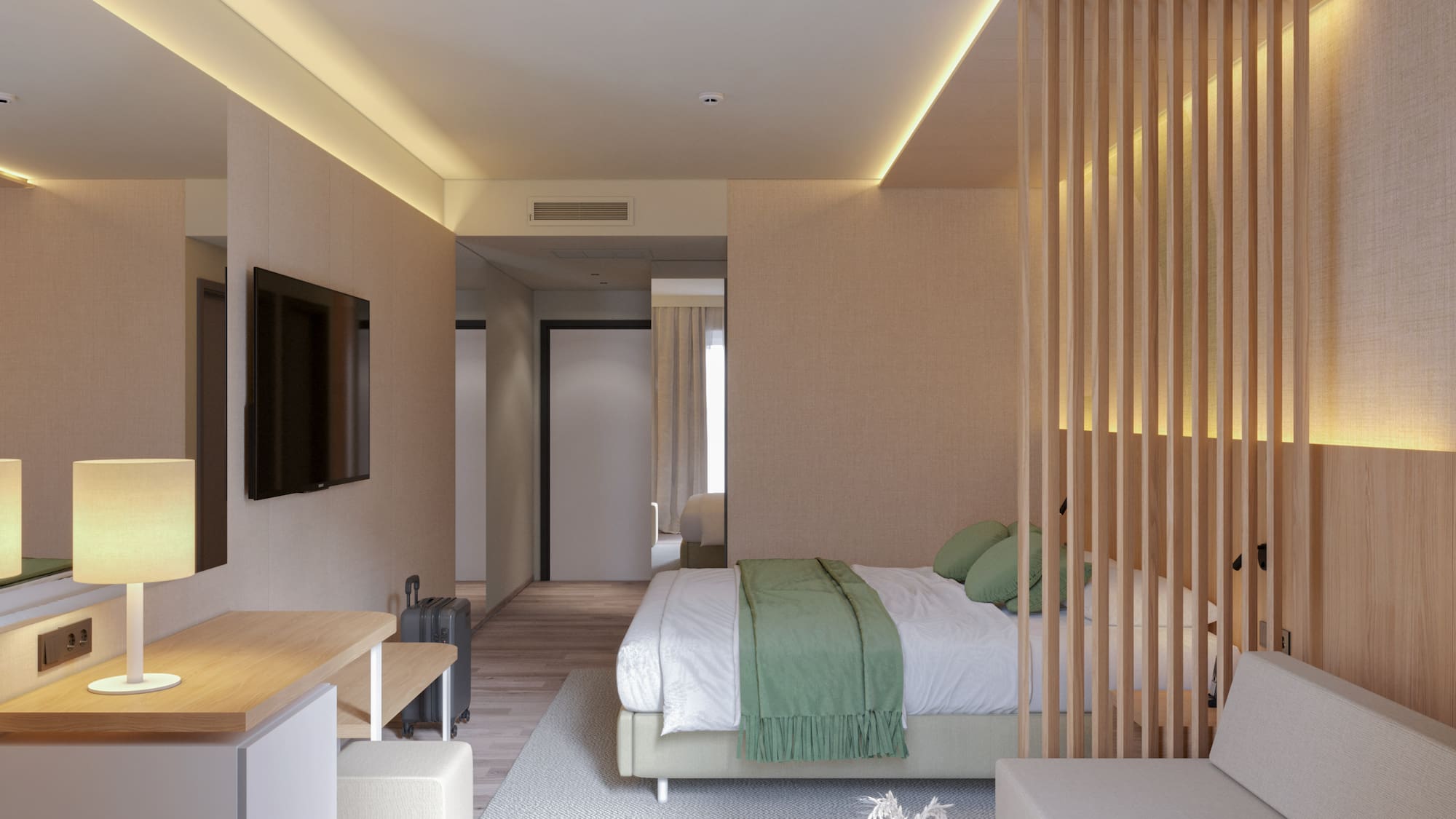 a room with a bed and a tv