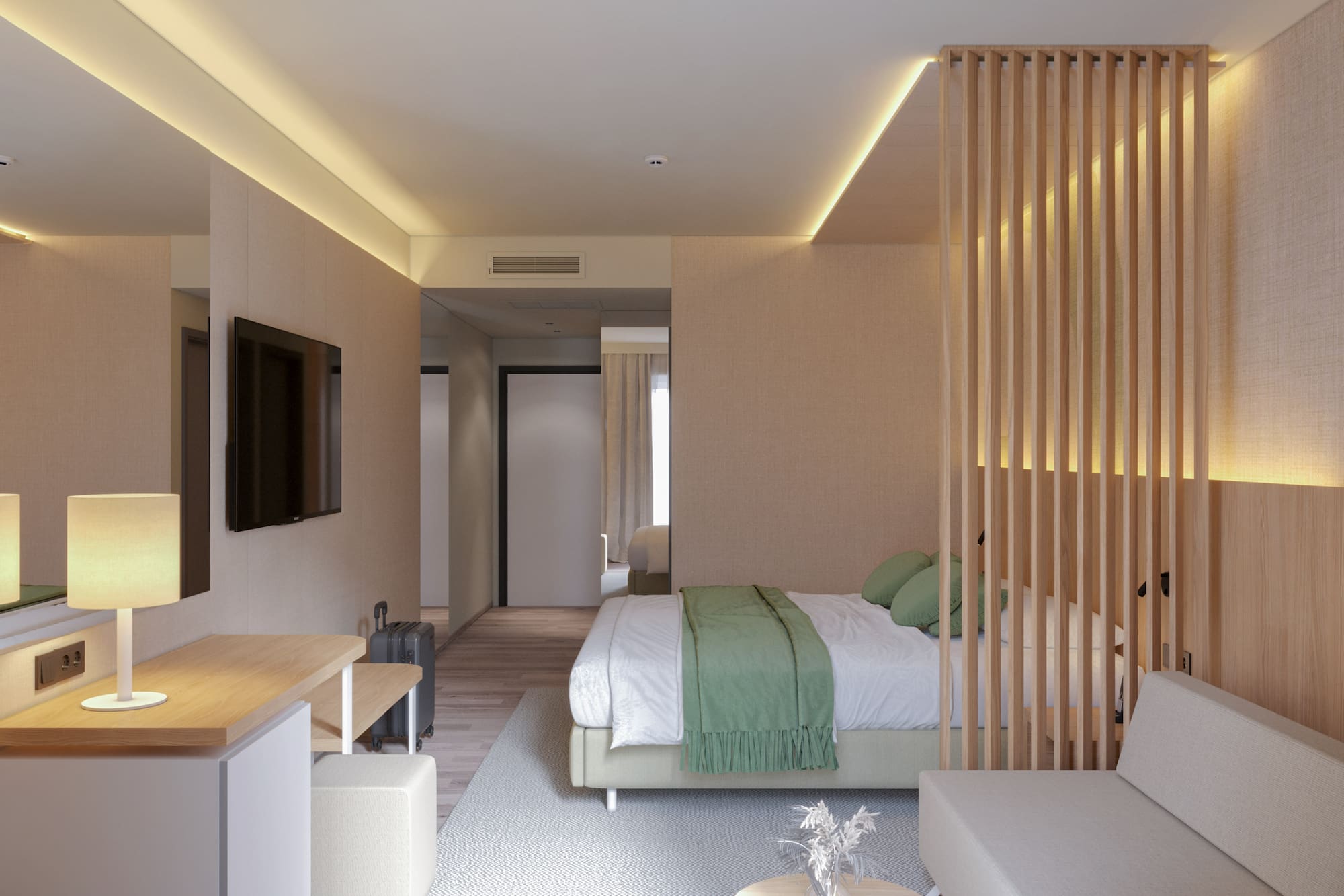 a room with a bed and a tv