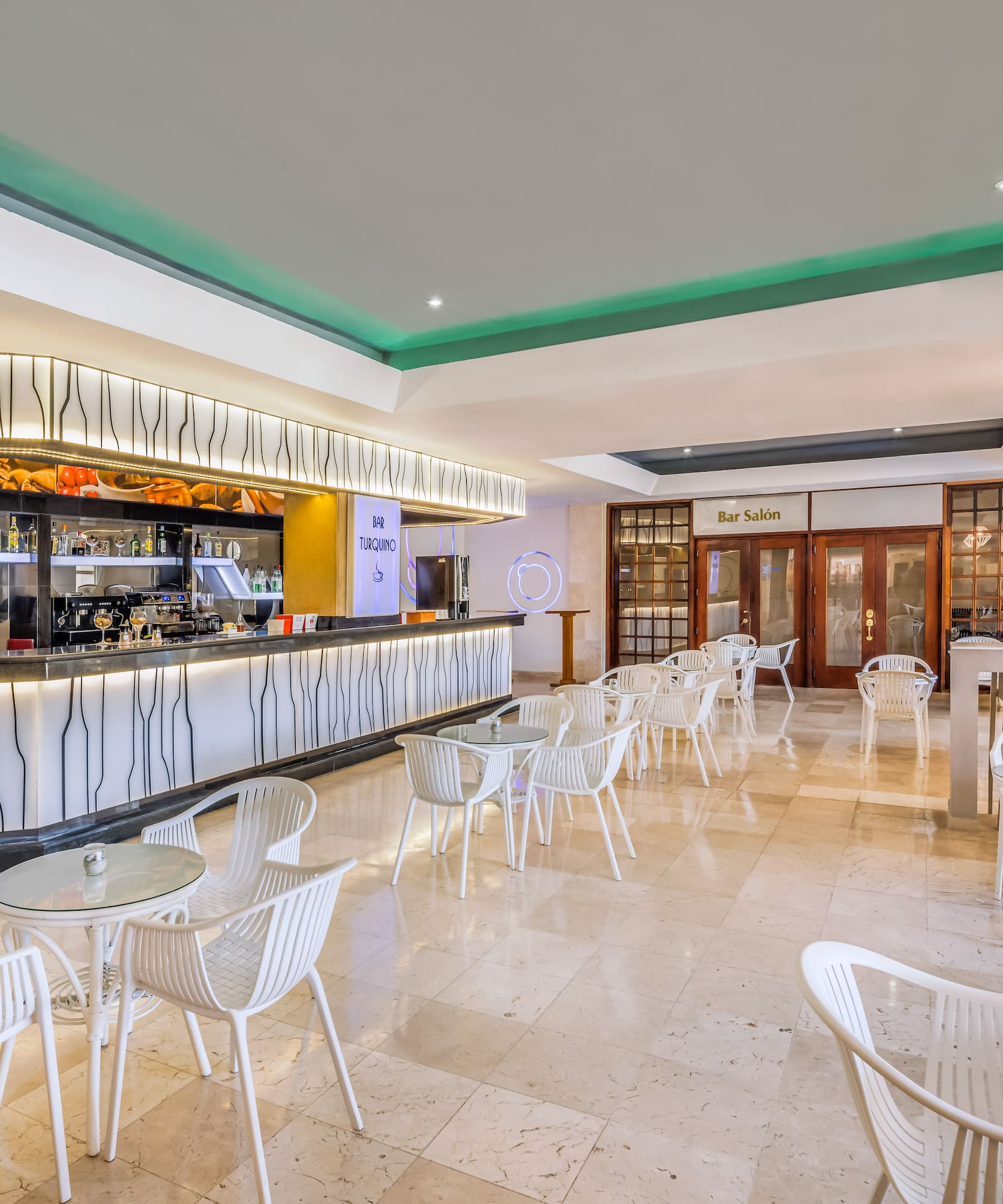 a room with tables and chairs