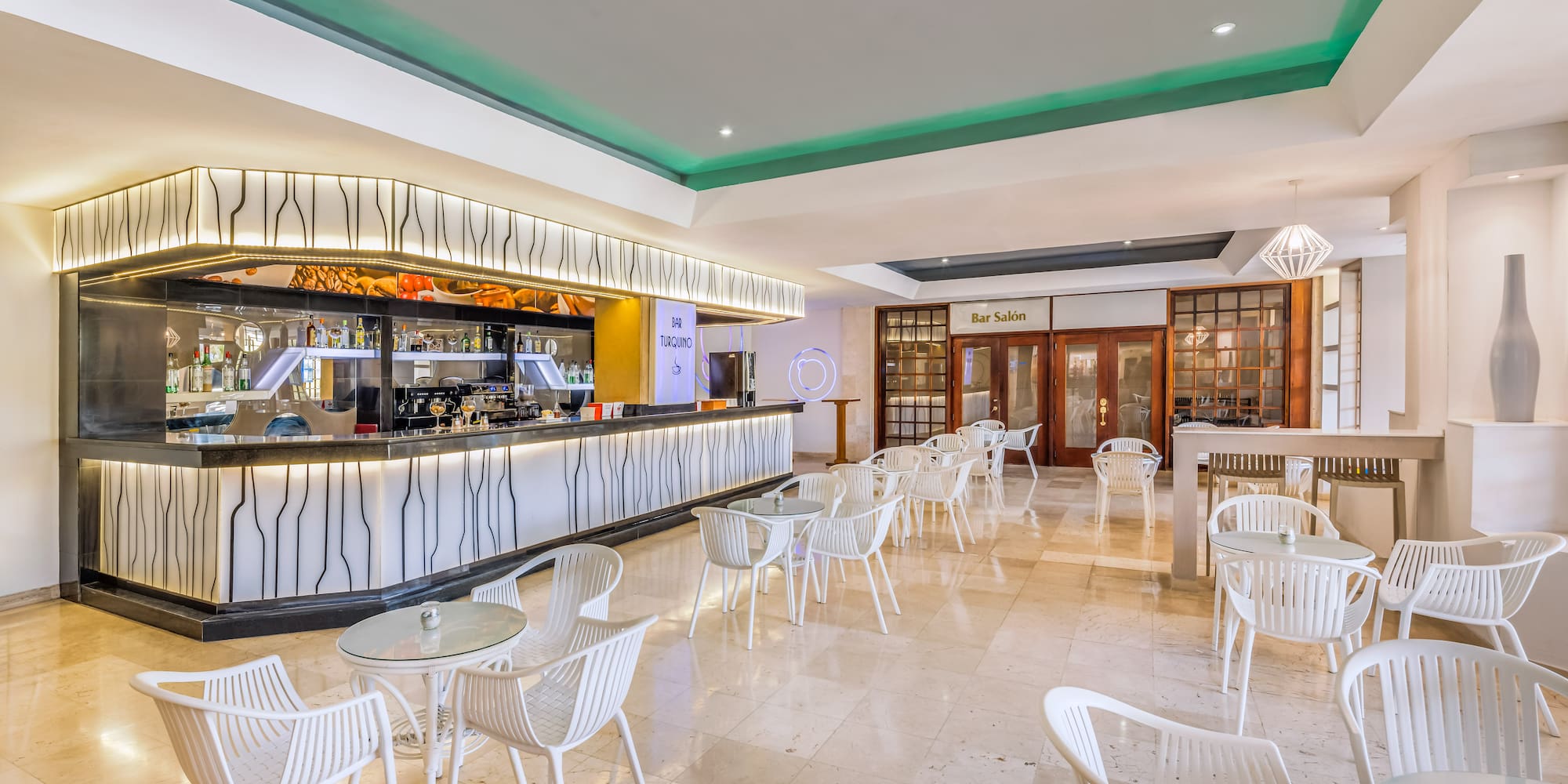 a room with tables and chairs