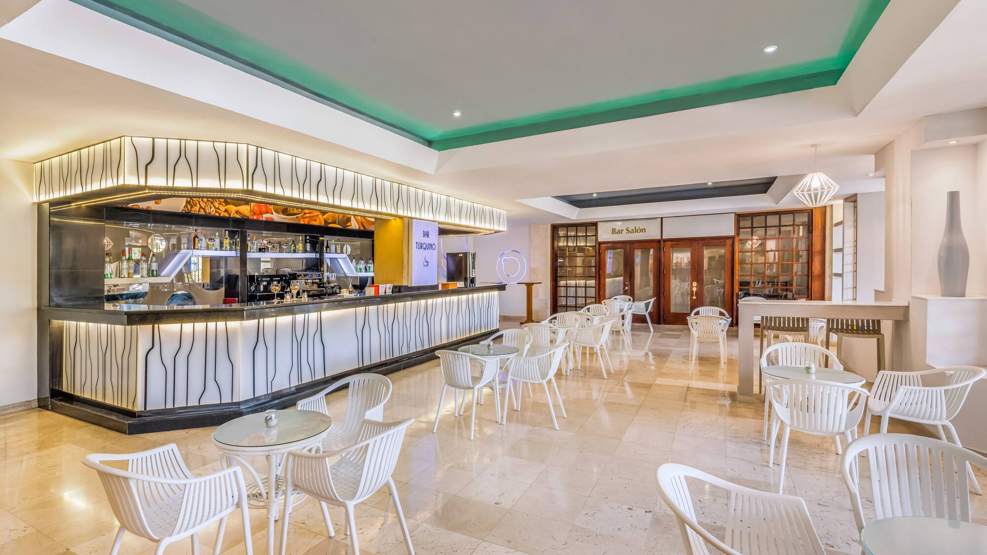 a room with tables and chairs