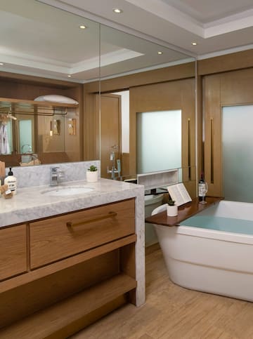 a bathroom with a tub and a mirror