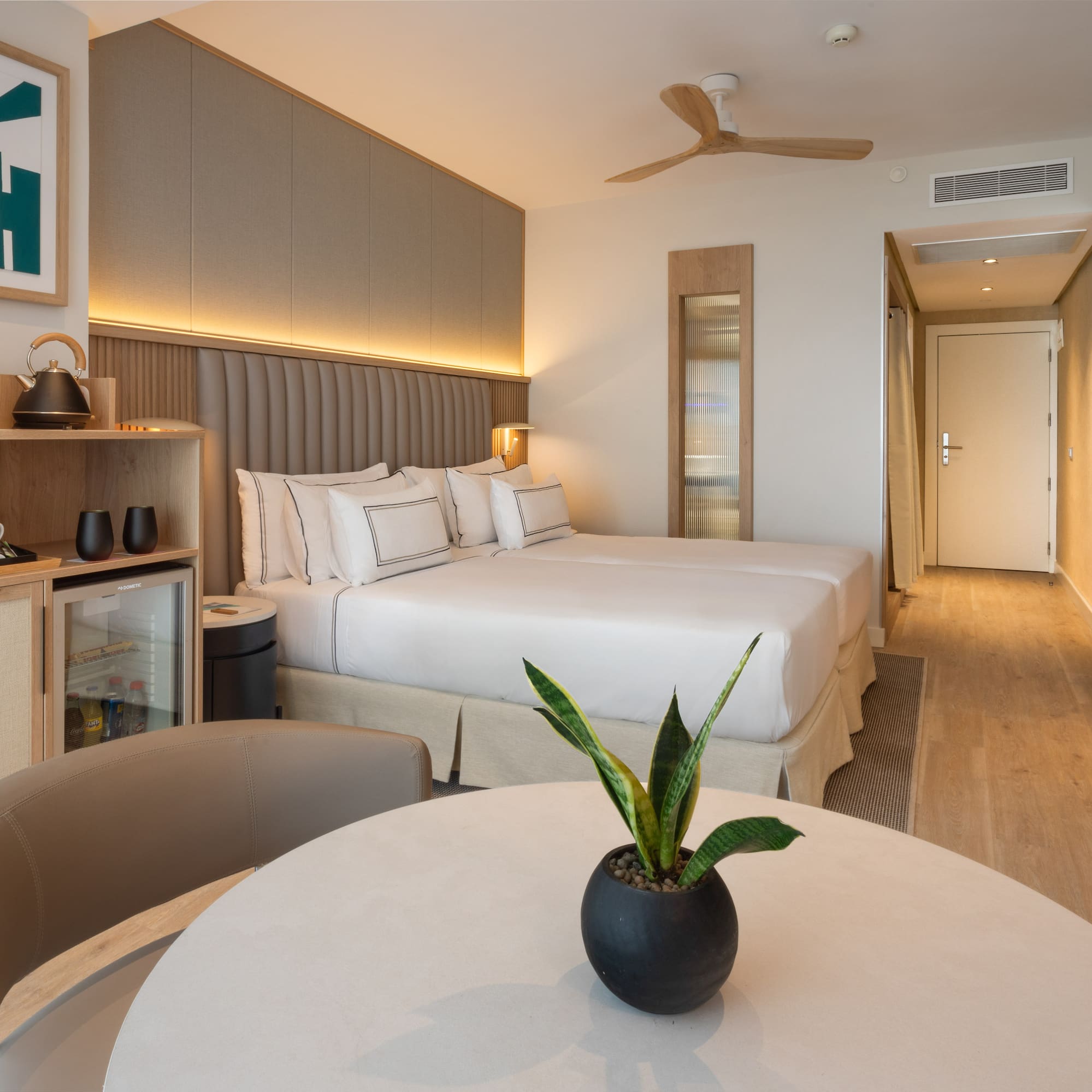 a room with a bed and a table