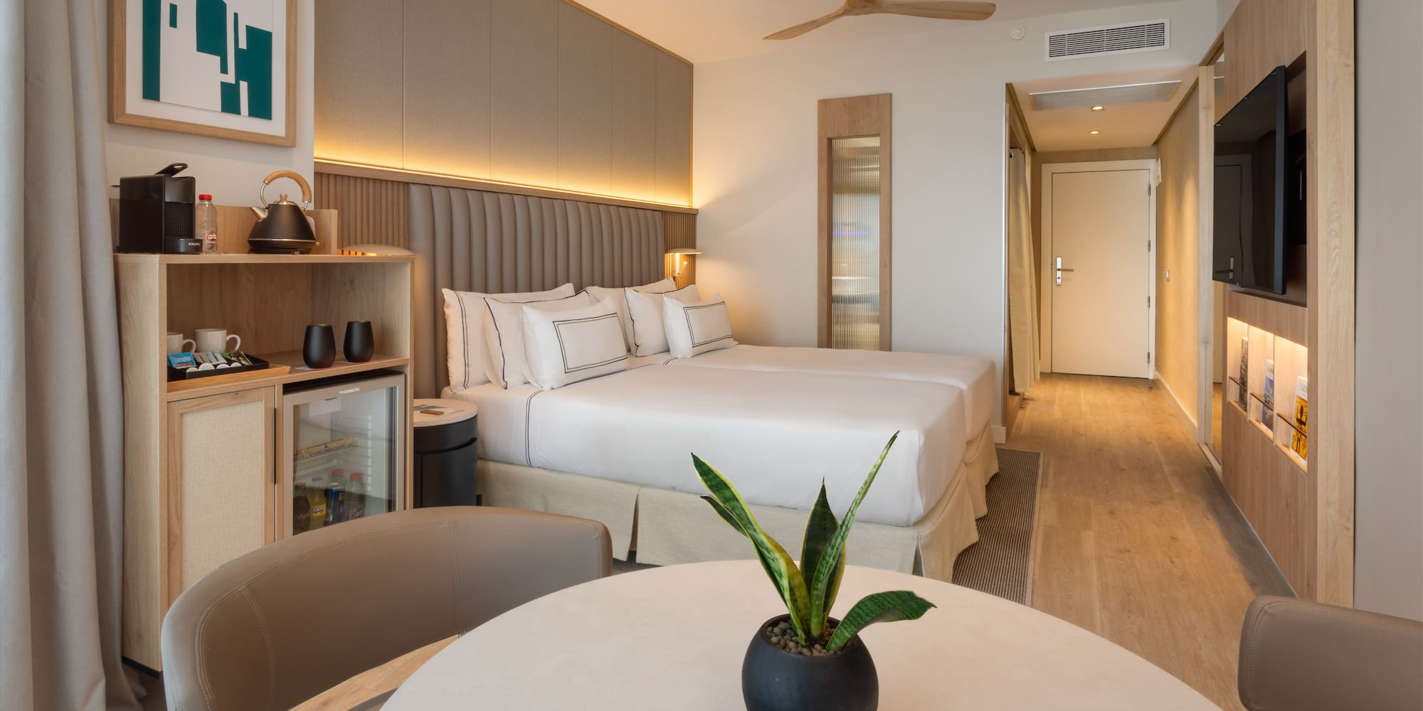 a room with a bed and a table