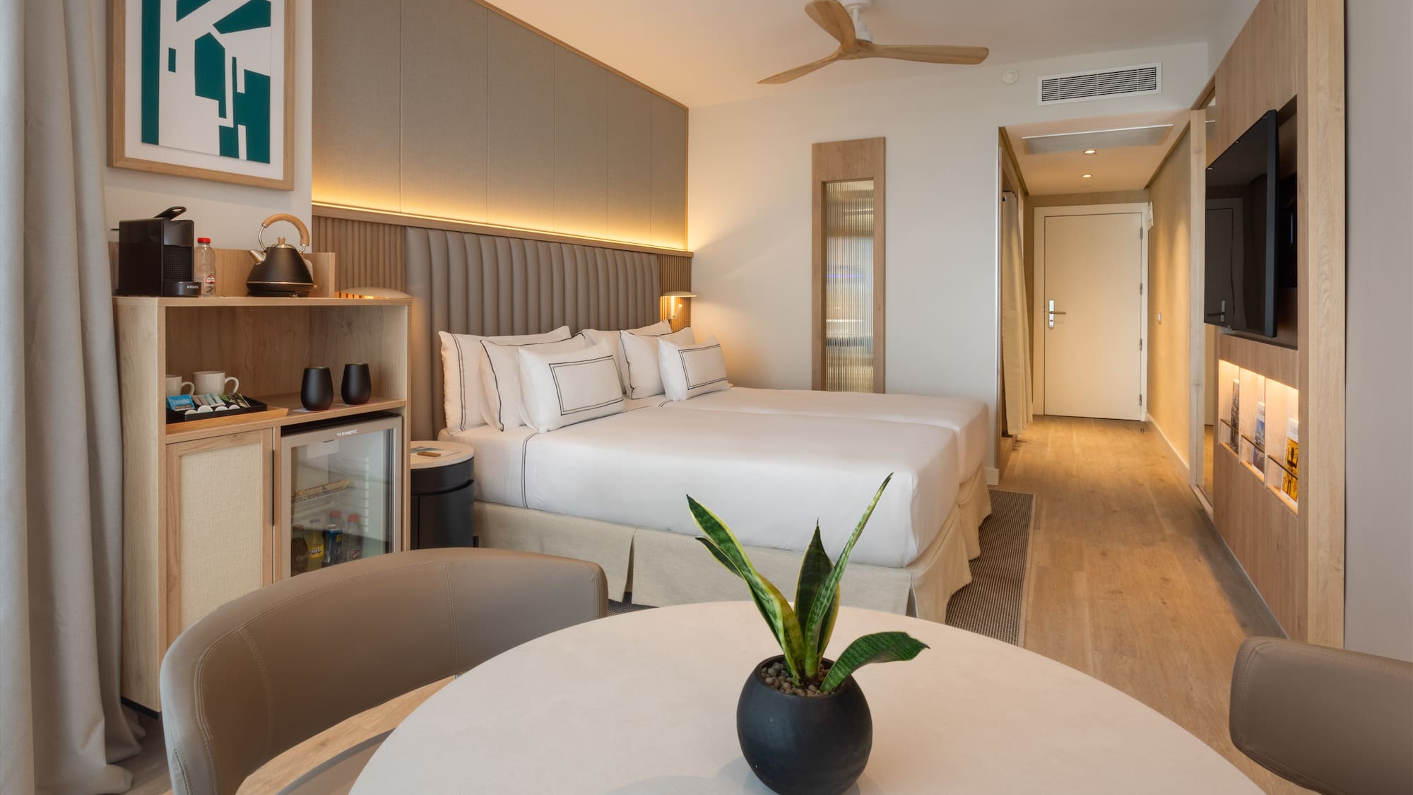 a room with a bed and a table