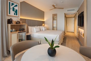a room with a bed and a table