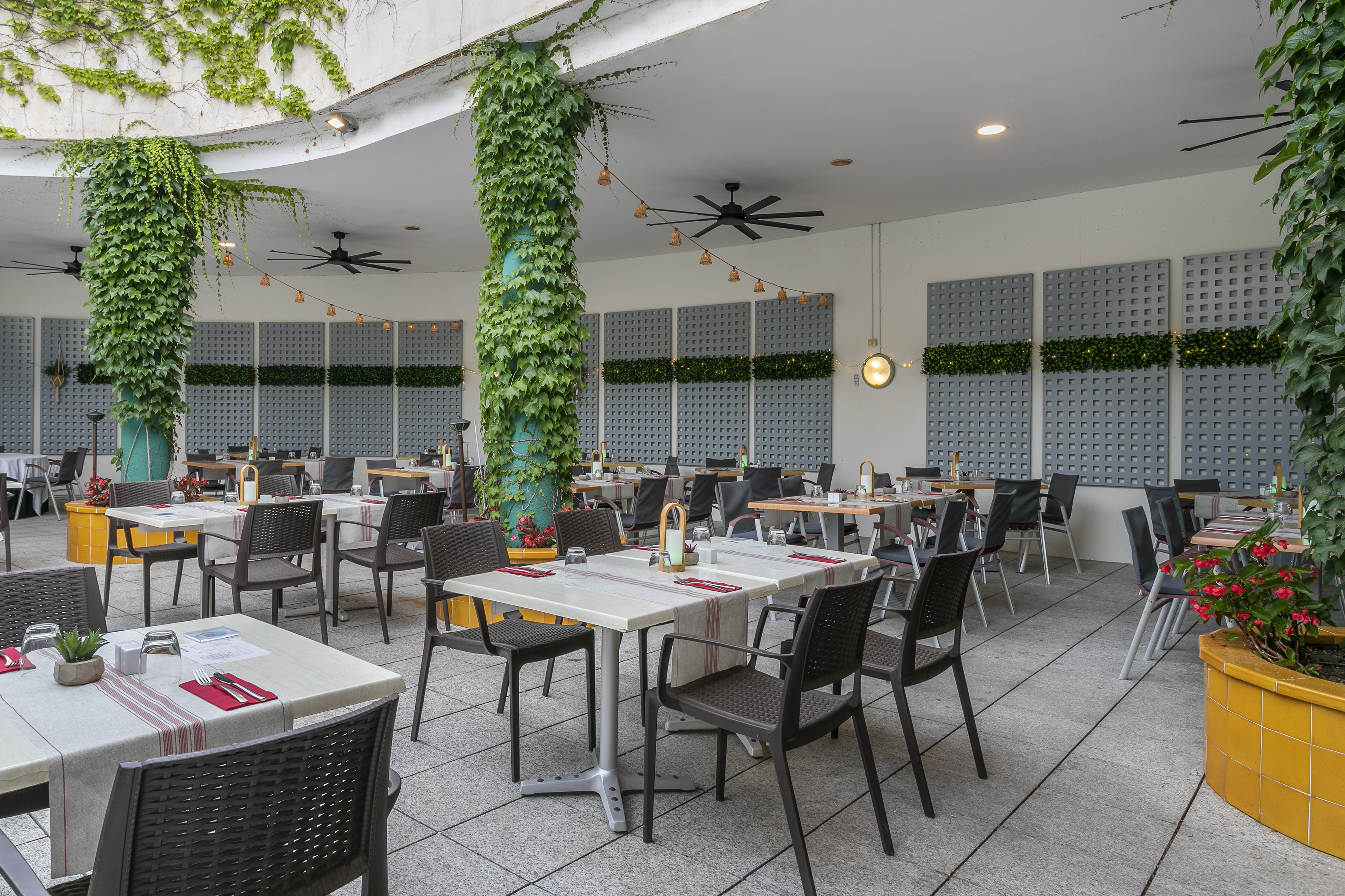 Outdoor restaurant patio with ivy-clad pillars, dining tables, and ceiling fans.