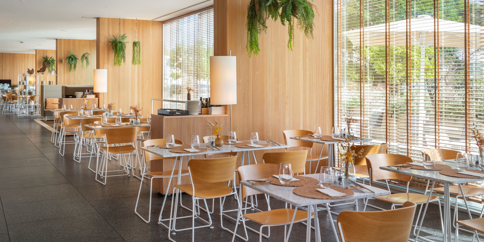 a room with tables and chairs