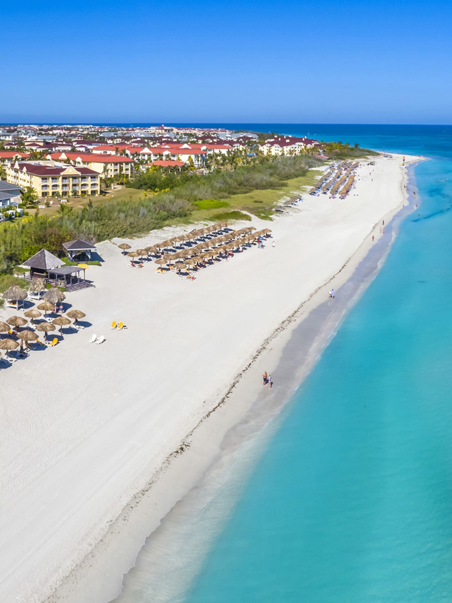 a beach with umbrellas and buildings