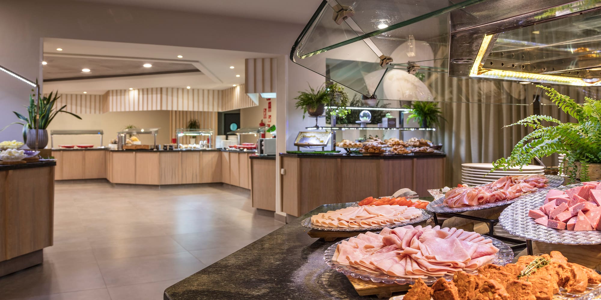 a buffet with food on the counter