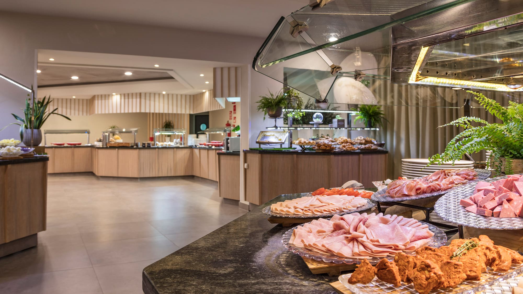 a buffet with food on the counter