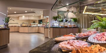 a buffet with food on the counter