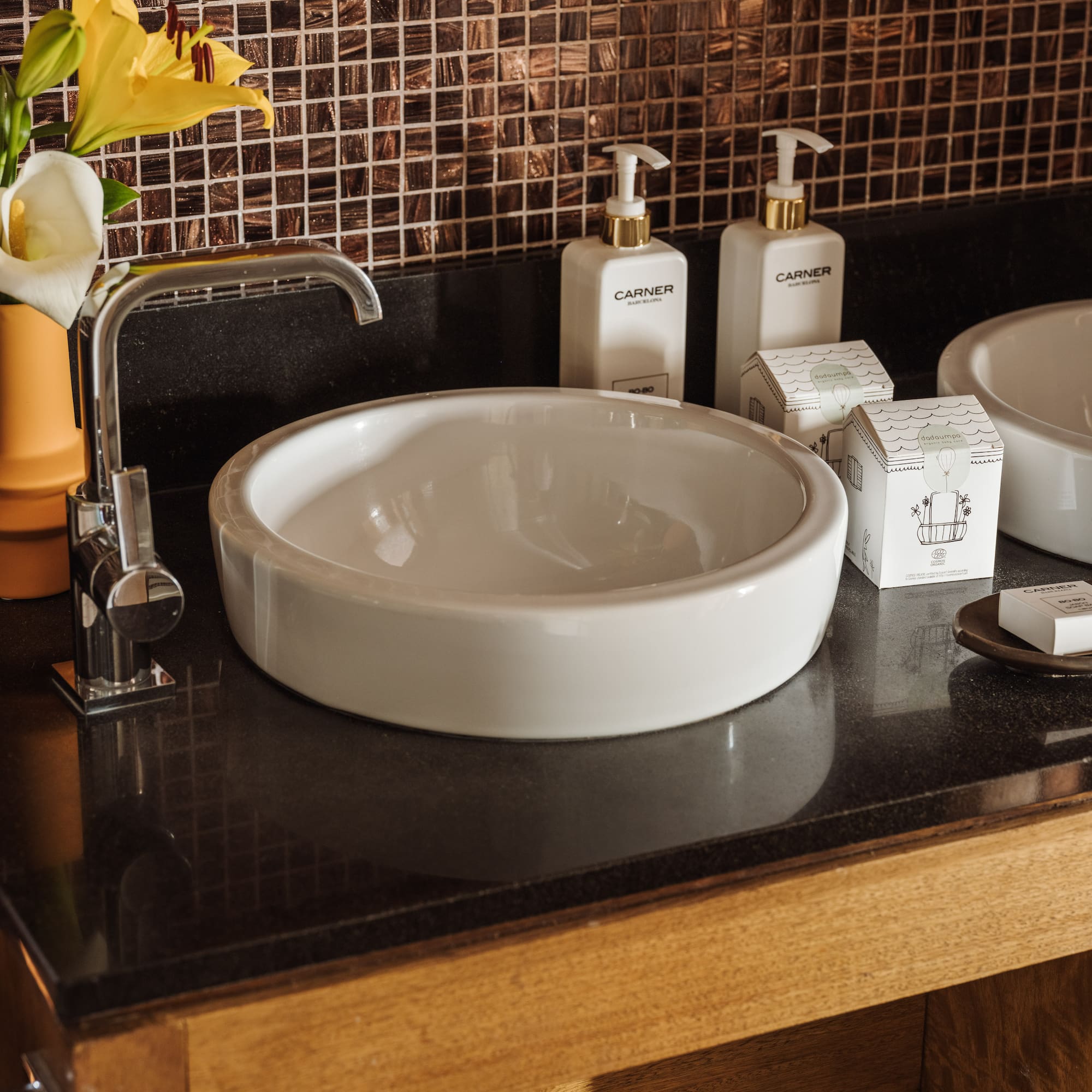 a sink and soap on a counter