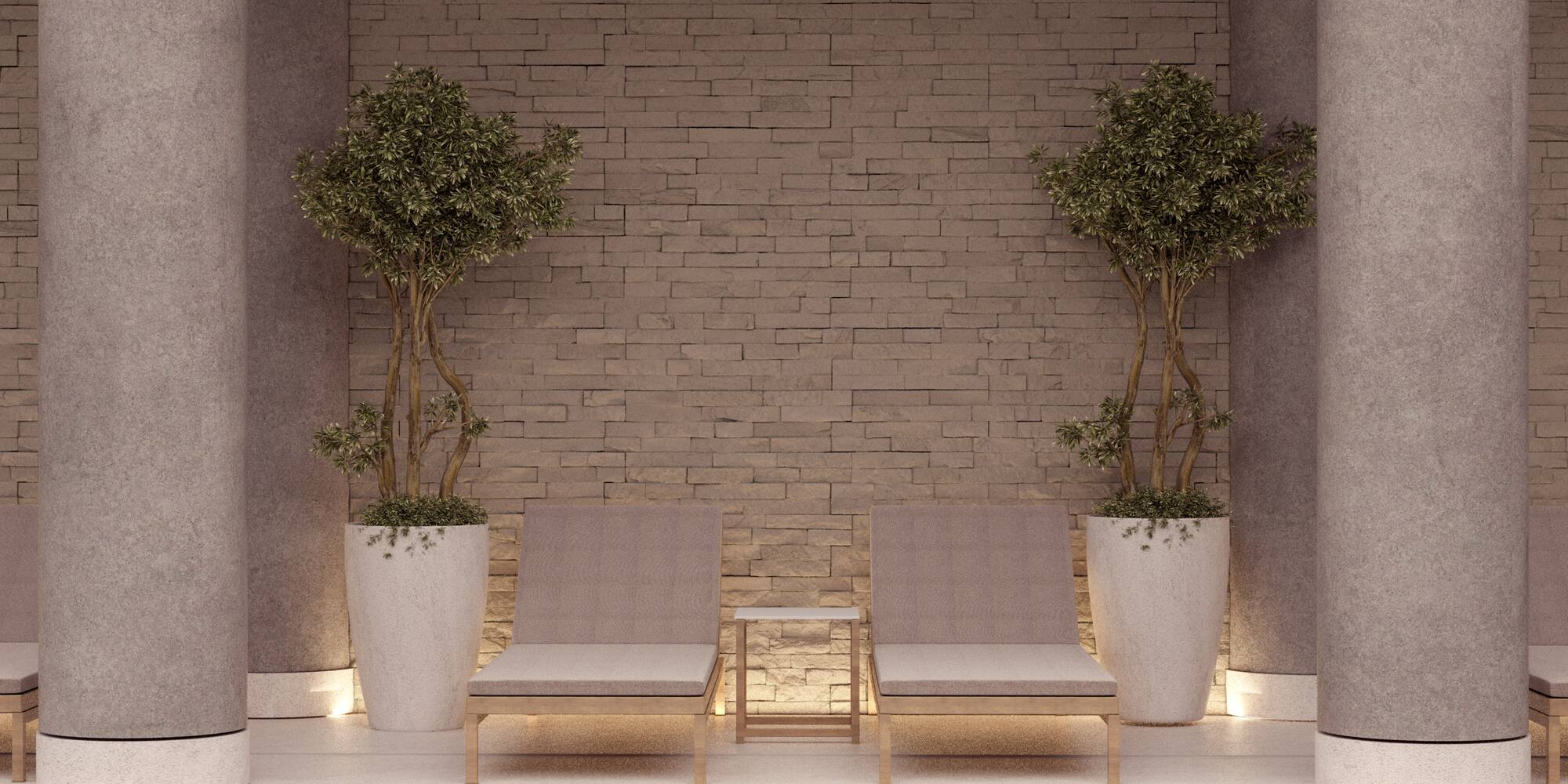 a pool with two chairs and trees