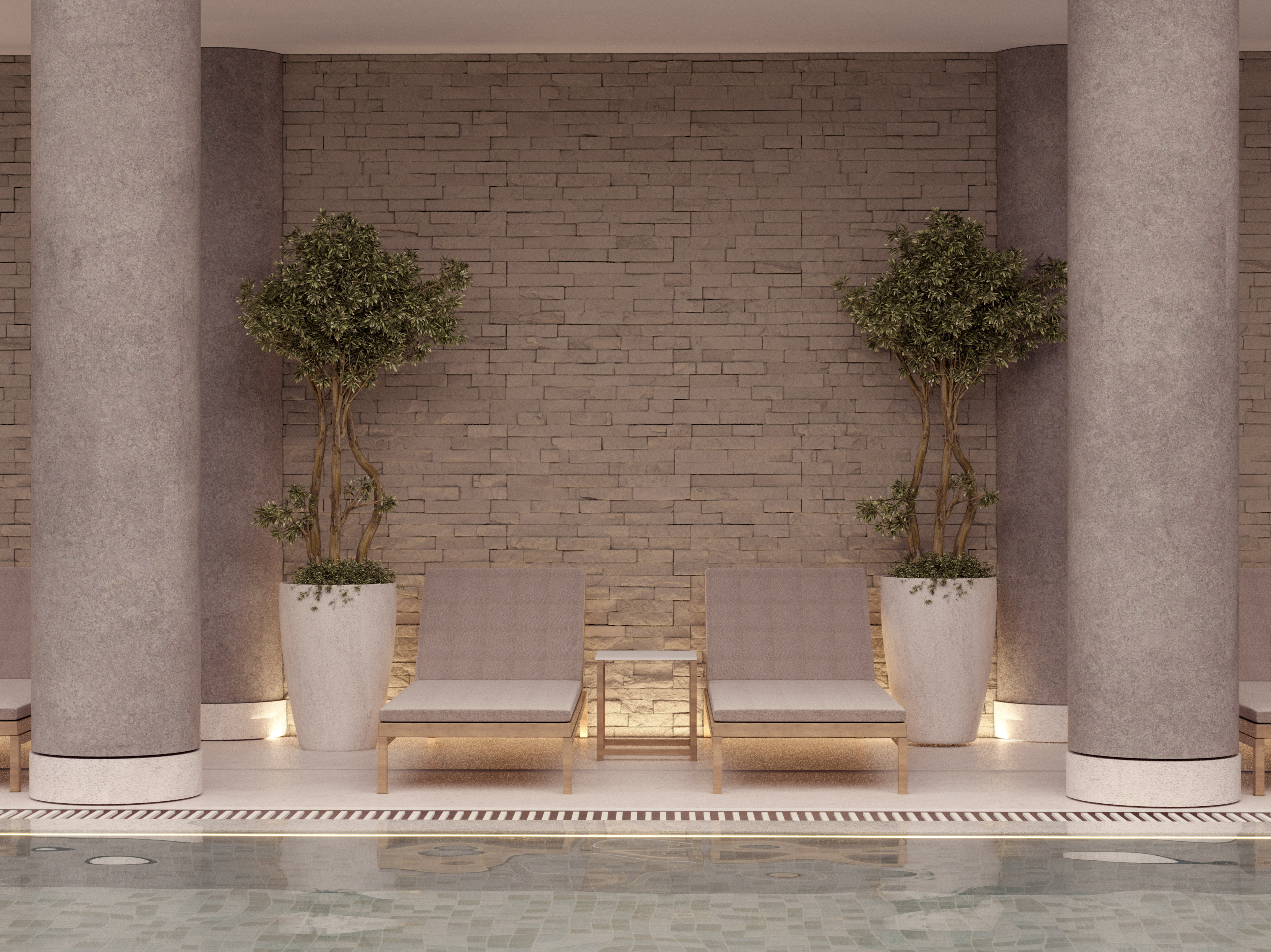 a pool with two chairs and trees