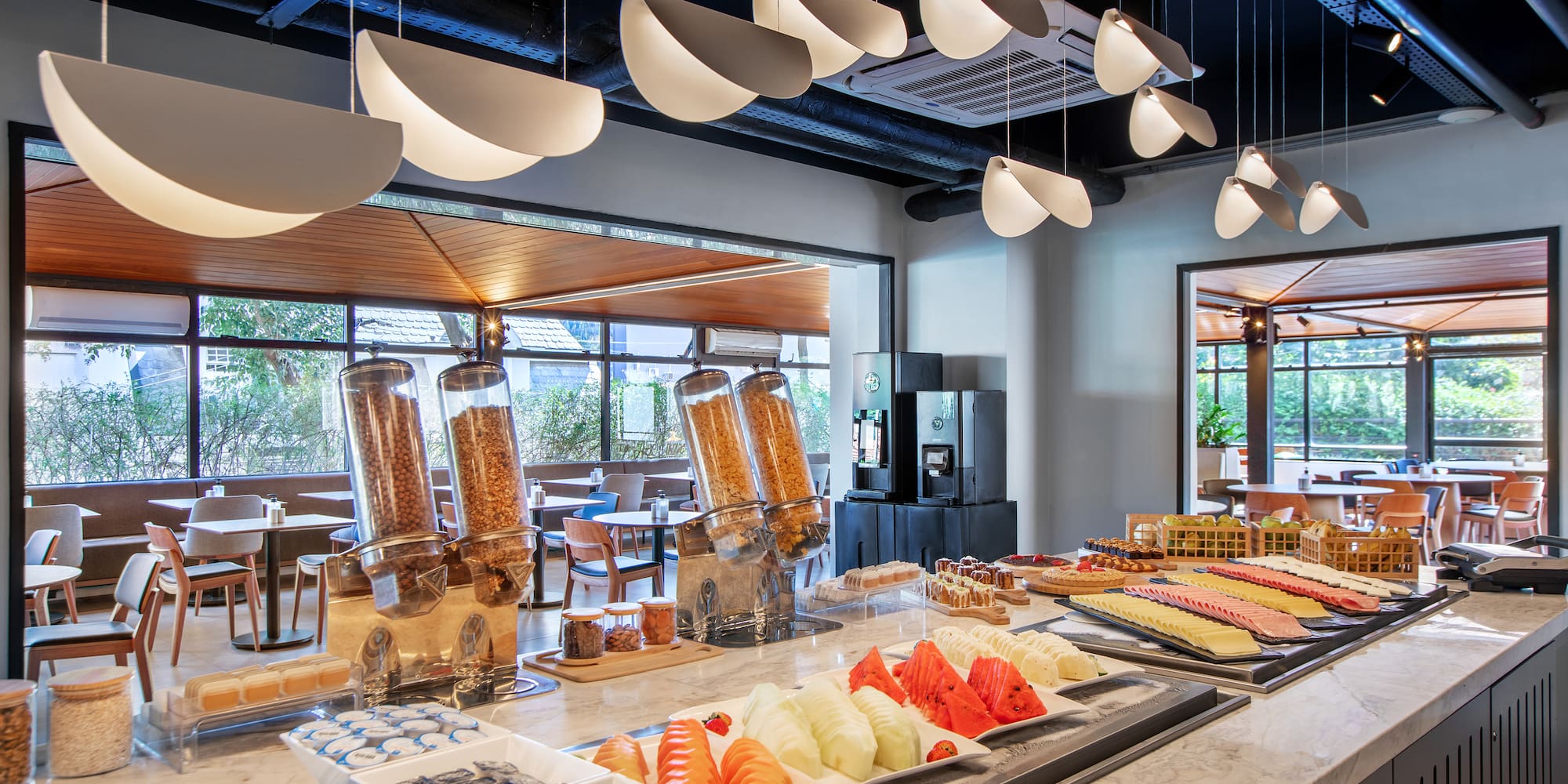 a buffet with food on it