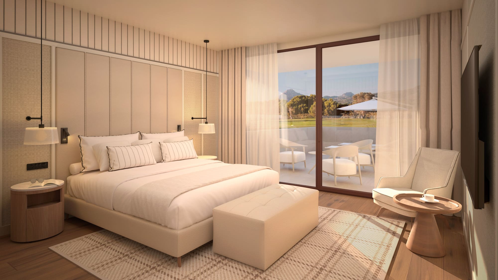 Chambre moderne beige et lumineuse avec lit king-size et balcon. - Suite - Hotel Golf Santa Ponsa Meliá Collection, Majorque