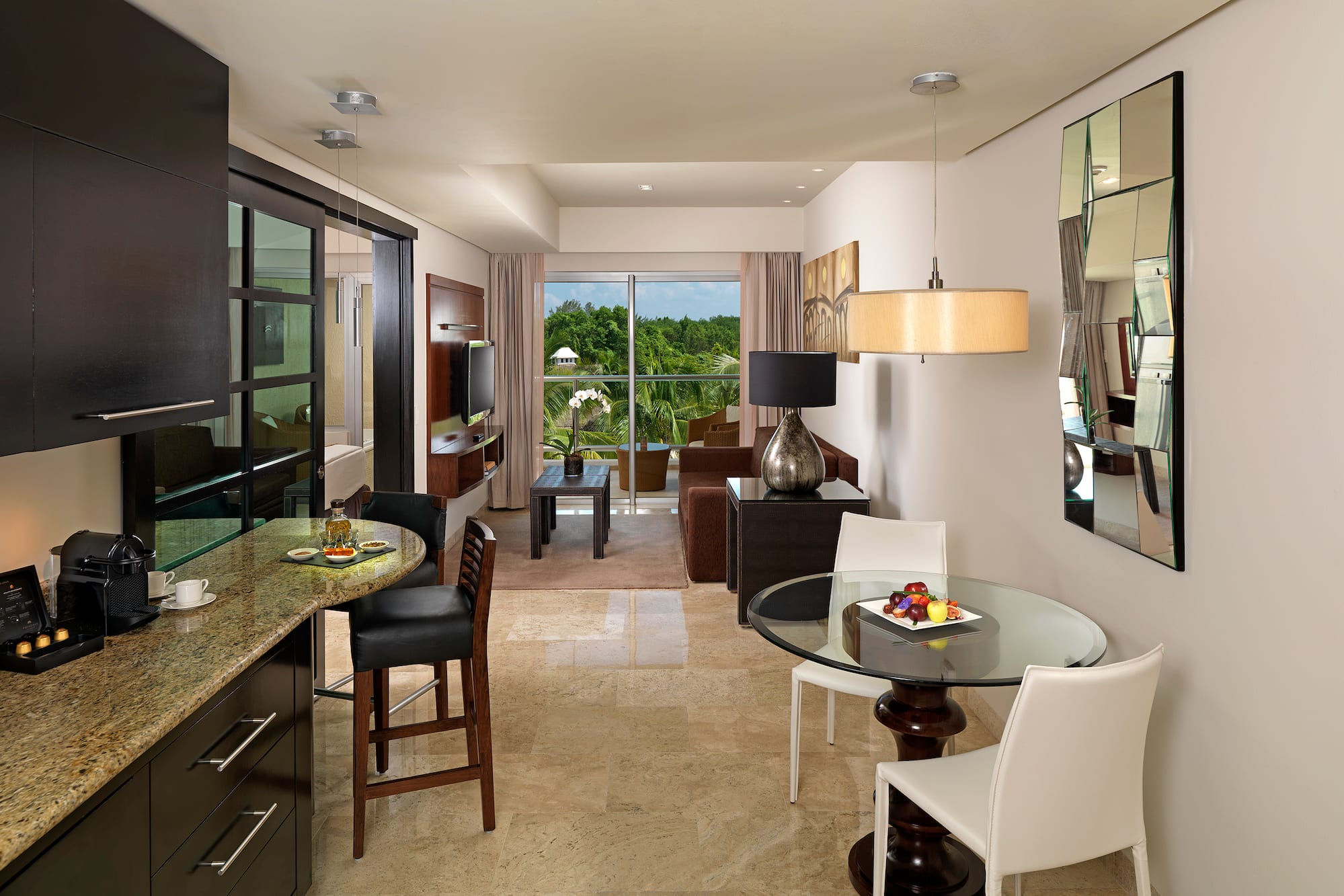 a room with a table and chairs