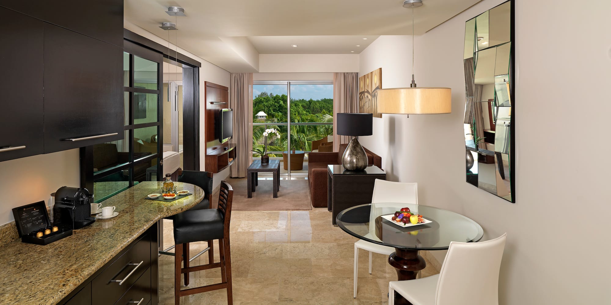 a room with a table and chairs