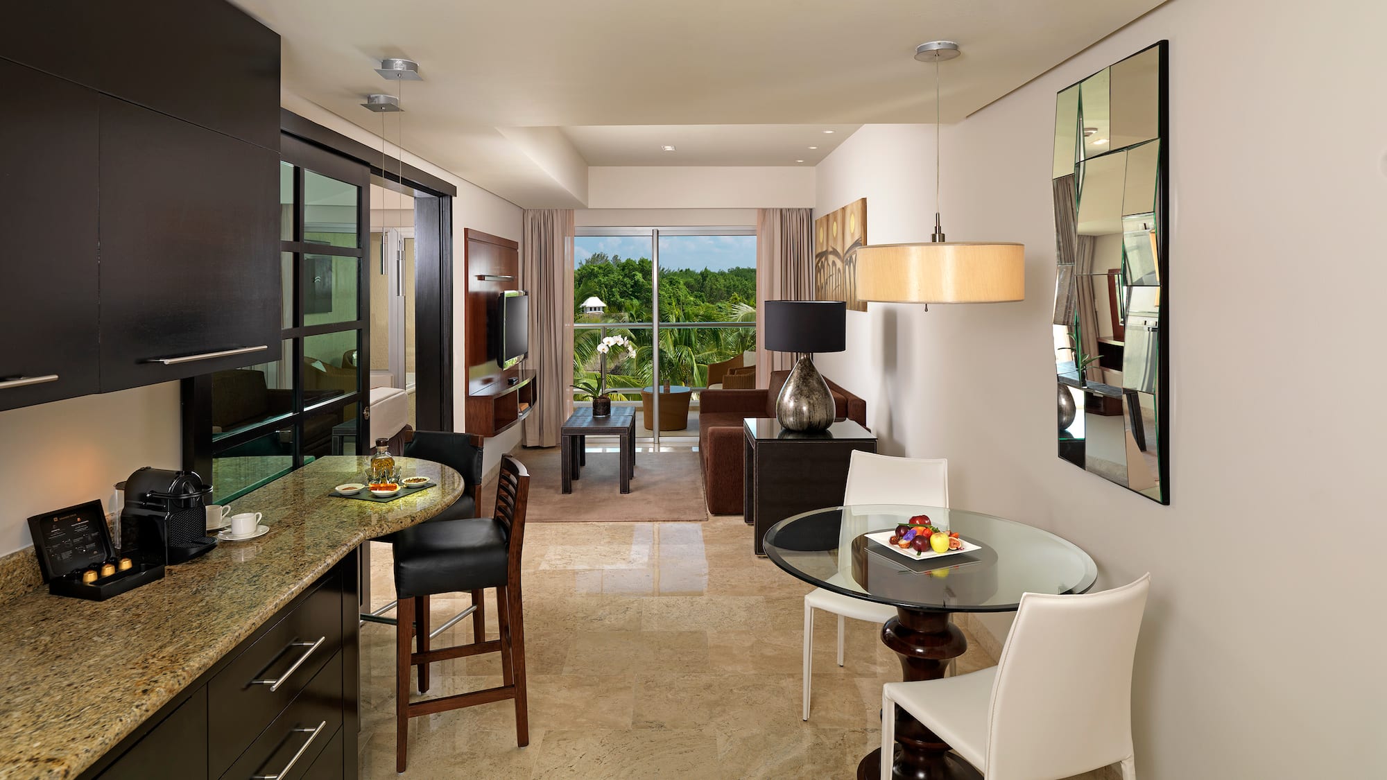 a room with a table and chairs