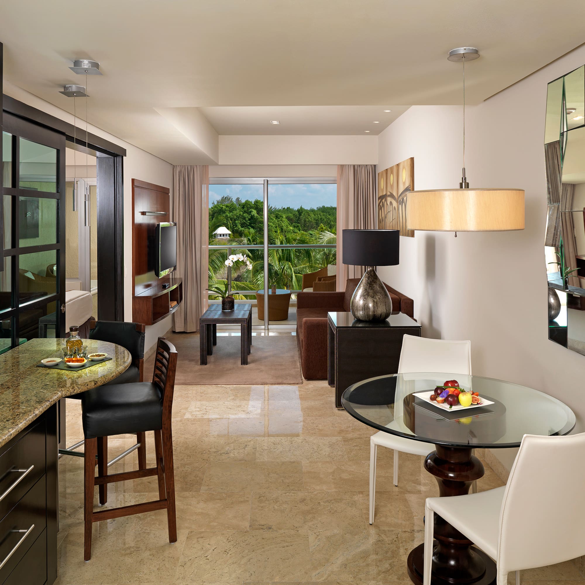 a room with a table and chairs