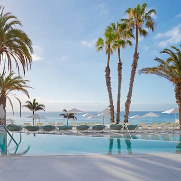 a pool with palm trees and umbrellas by the water
