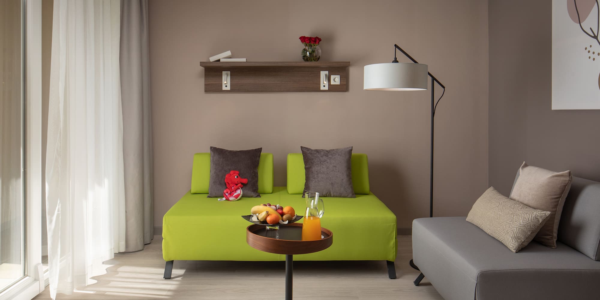 a room with a couch and a table