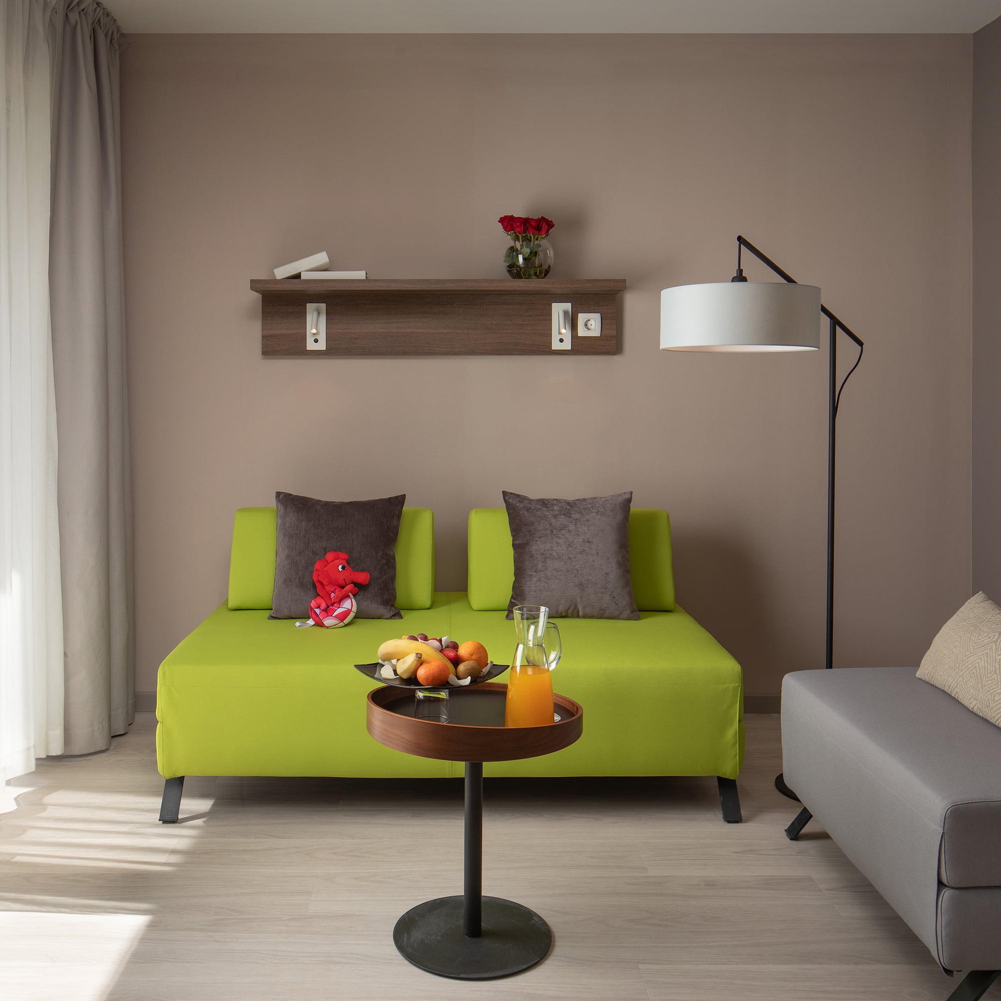 a room with a couch and a table