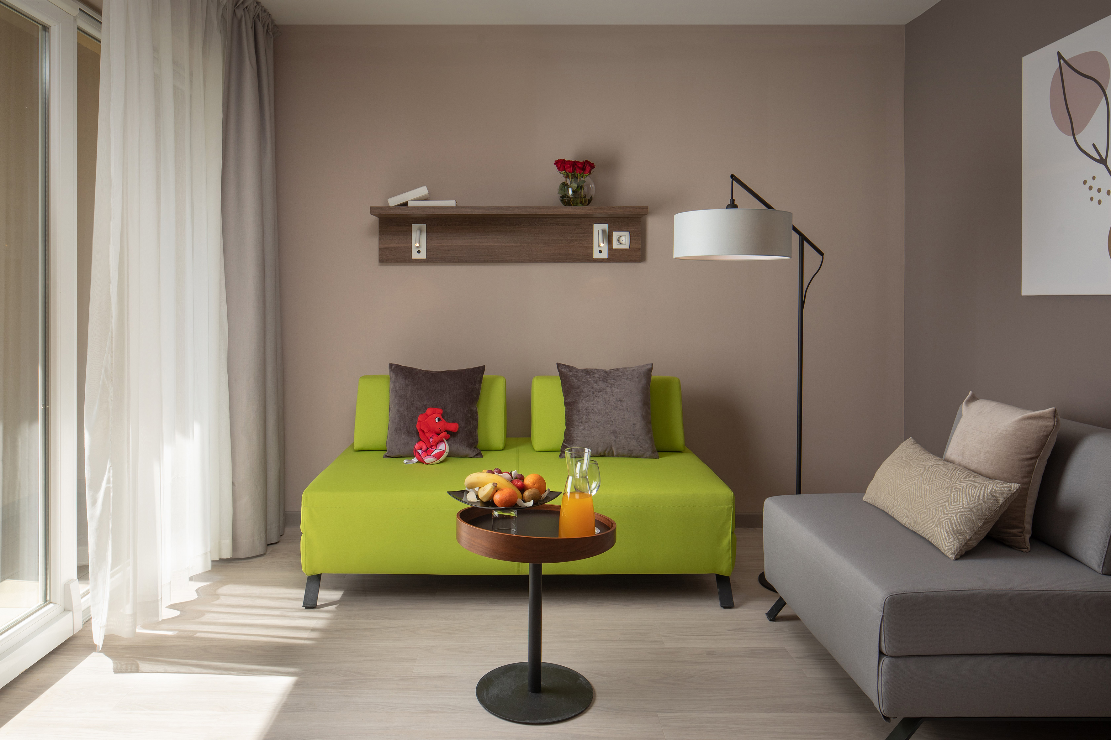 a room with a couch and a table