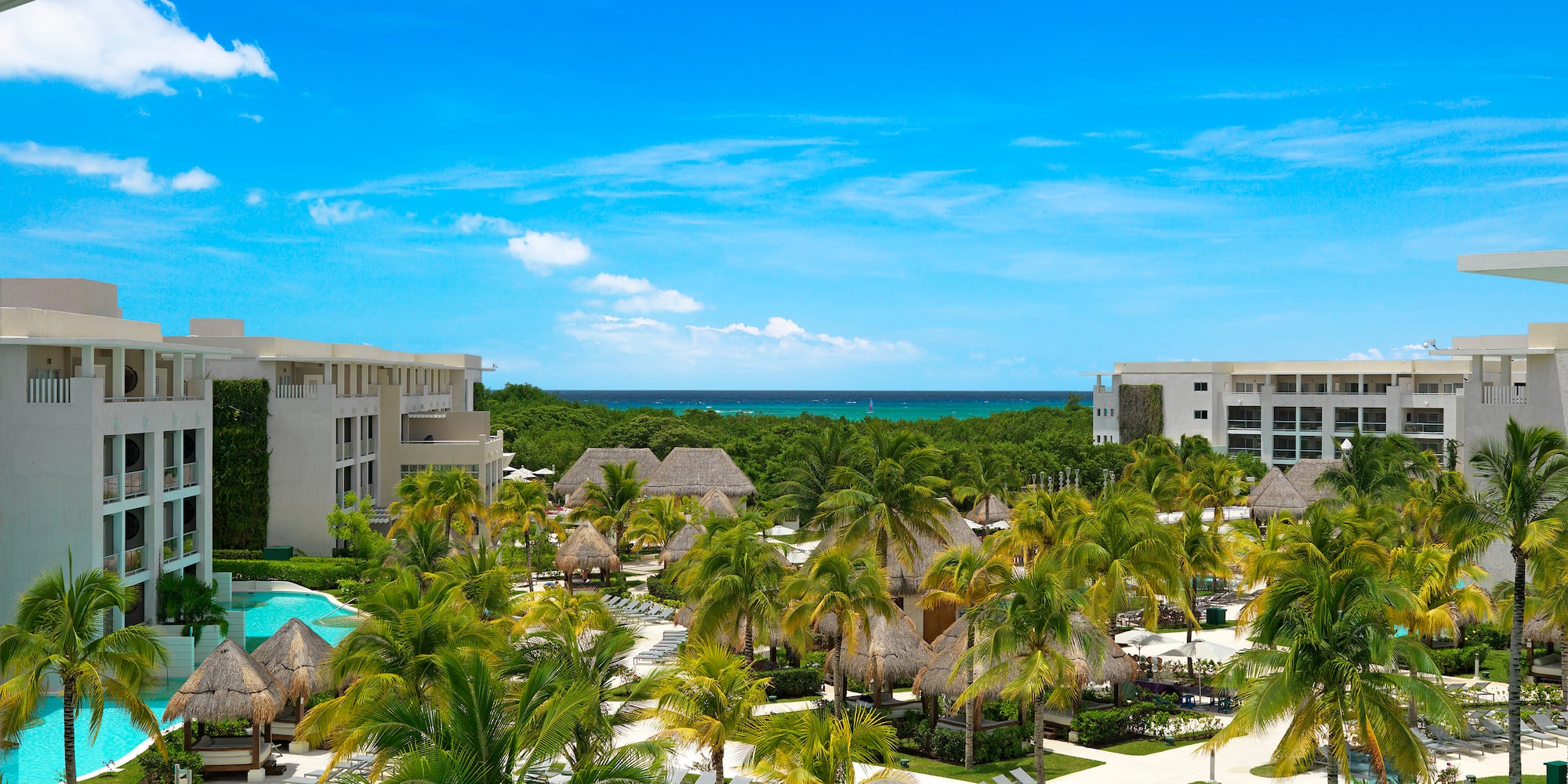 Luxury tropical resort pool area with palm trees and distant ocean.