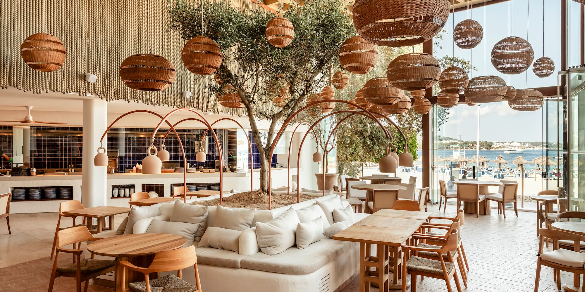 a room with a tree and chairs