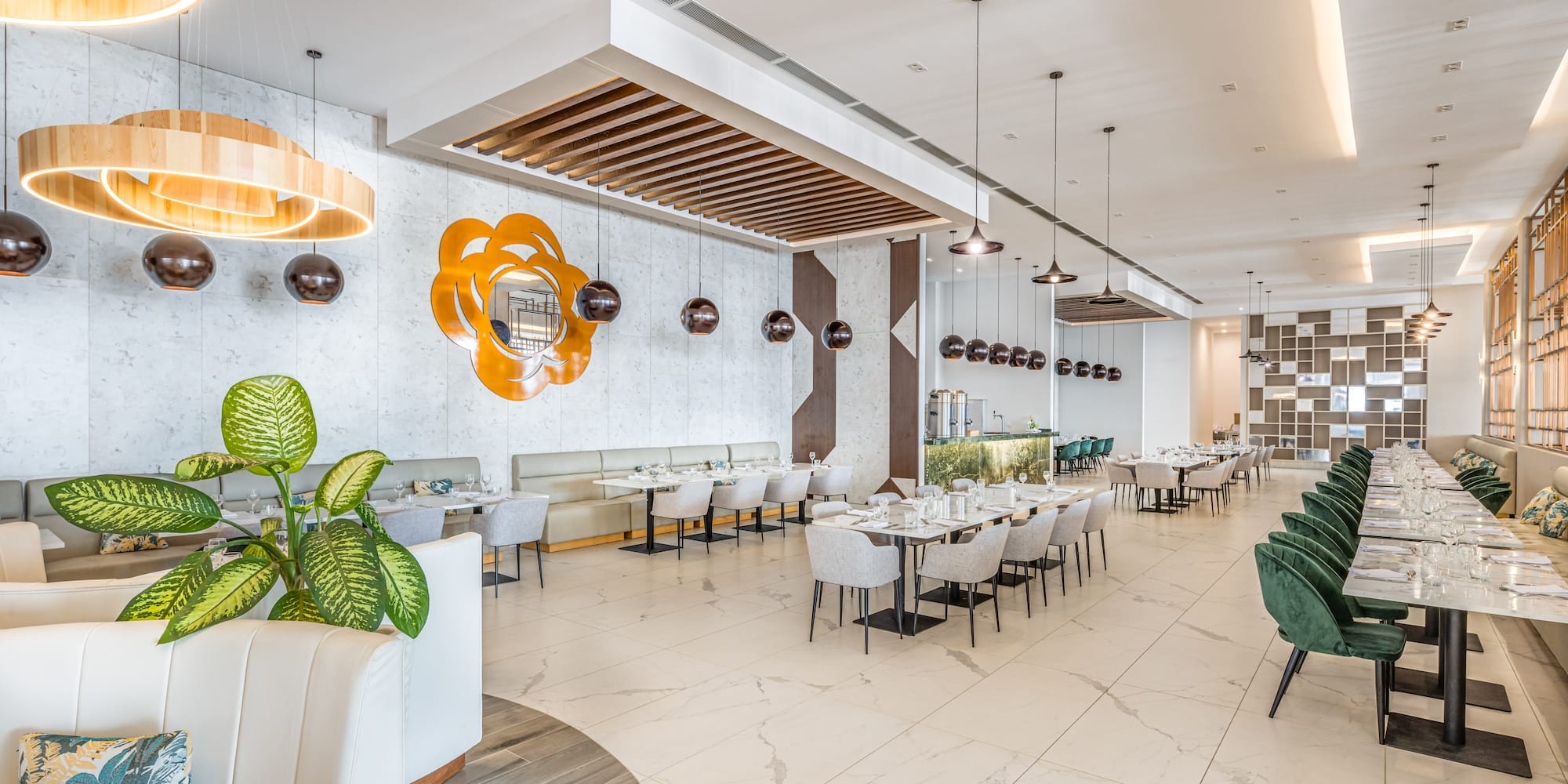 a restaurant with tables and chairs