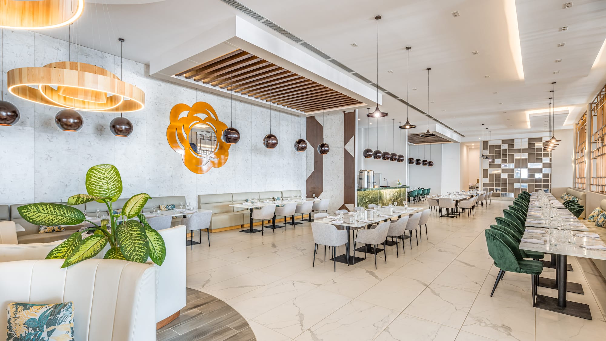 a restaurant with tables and chairs