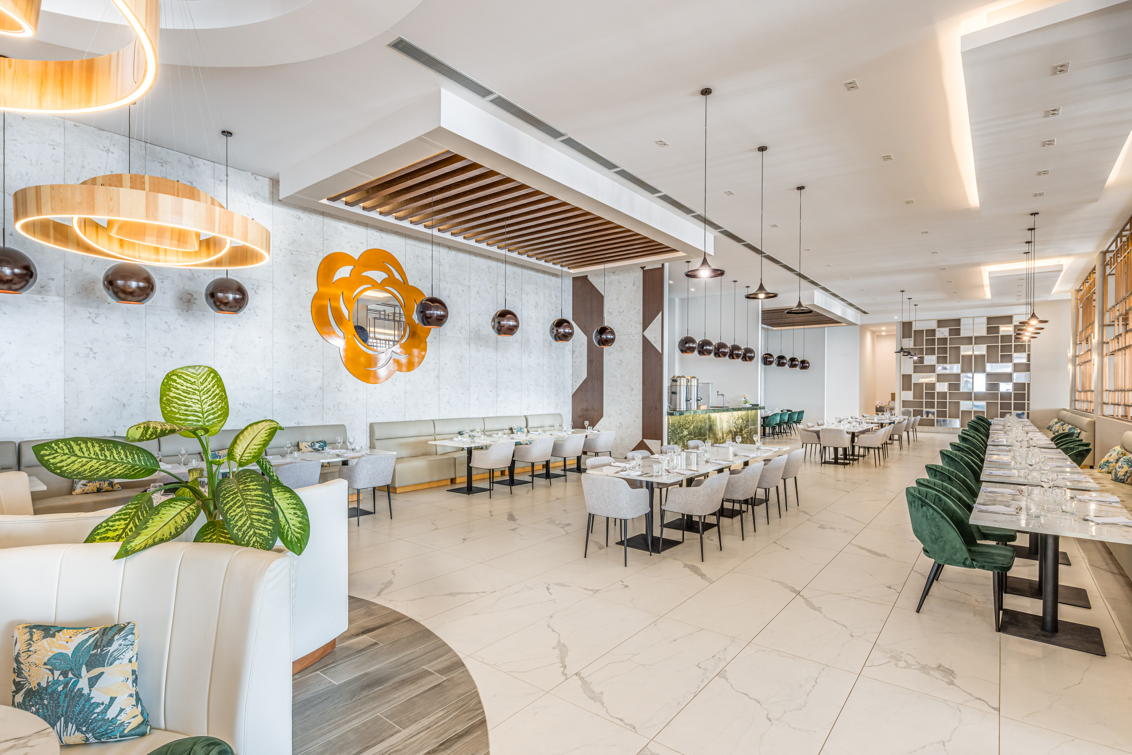 a restaurant with tables and chairs