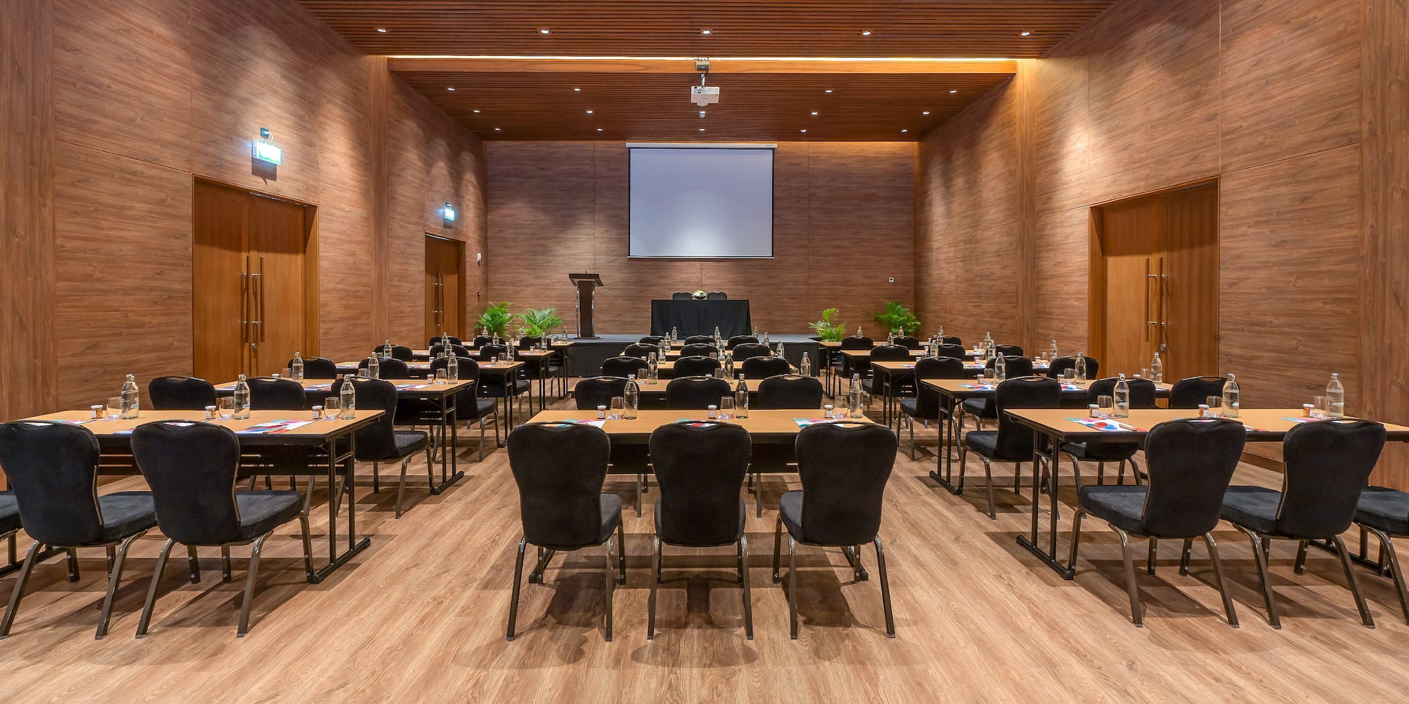 a room with tables and chairs