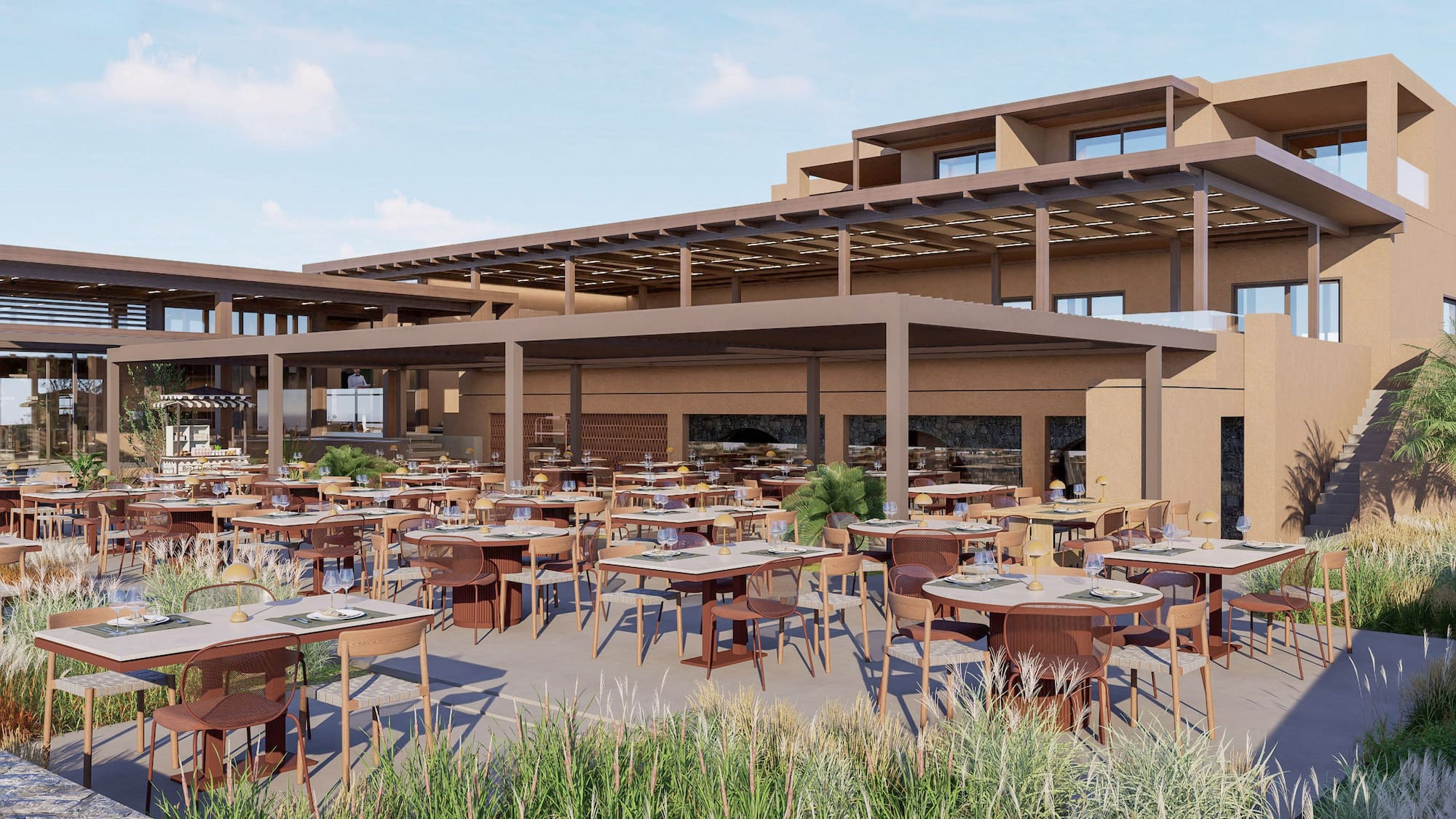 a large outdoor restaurant with tables and chairs