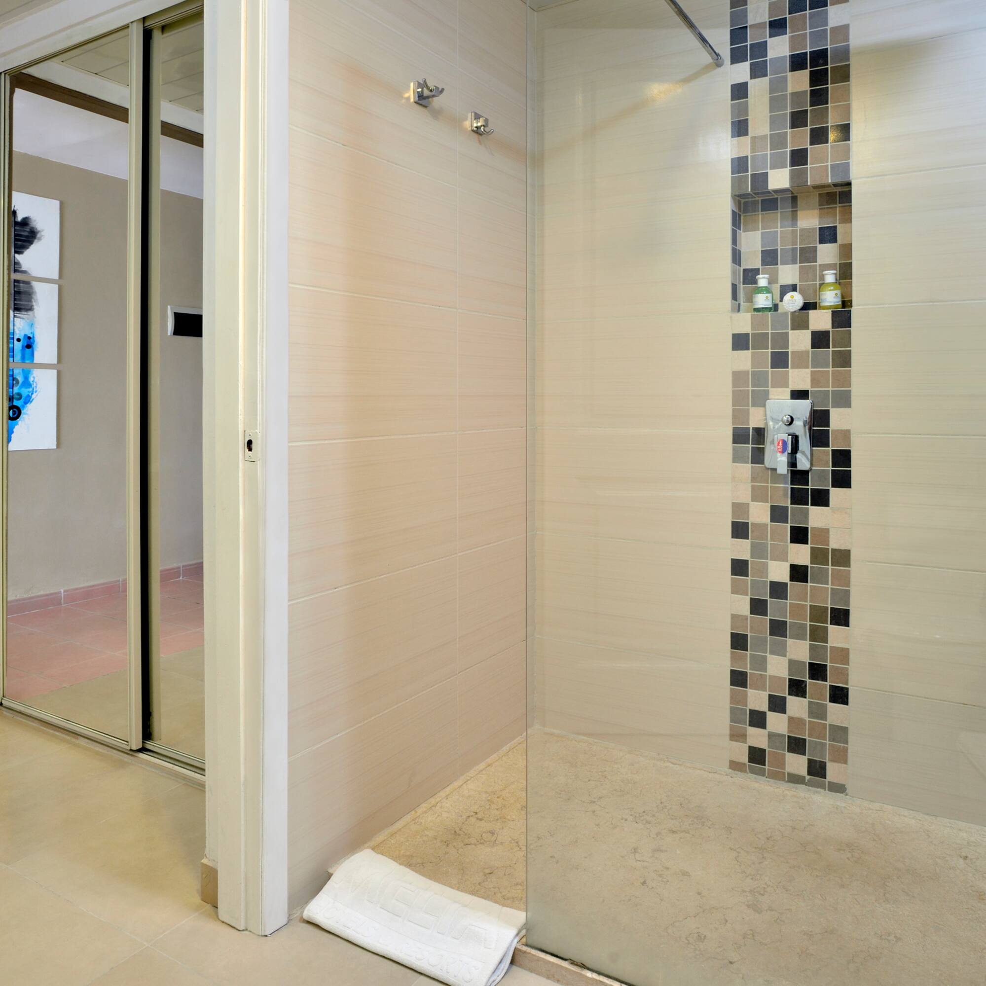 a shower with a glass door