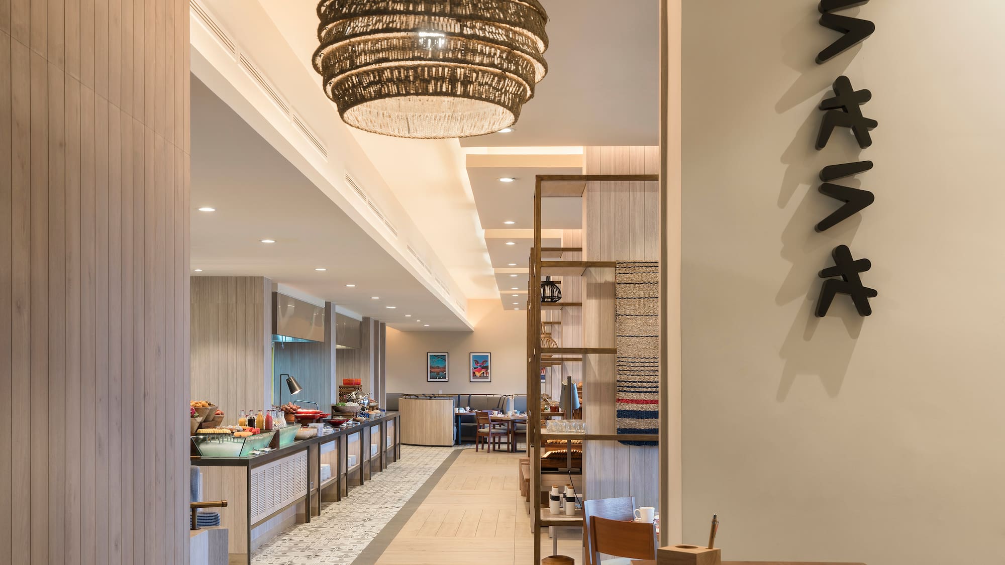 a restaurant with a large chandelier