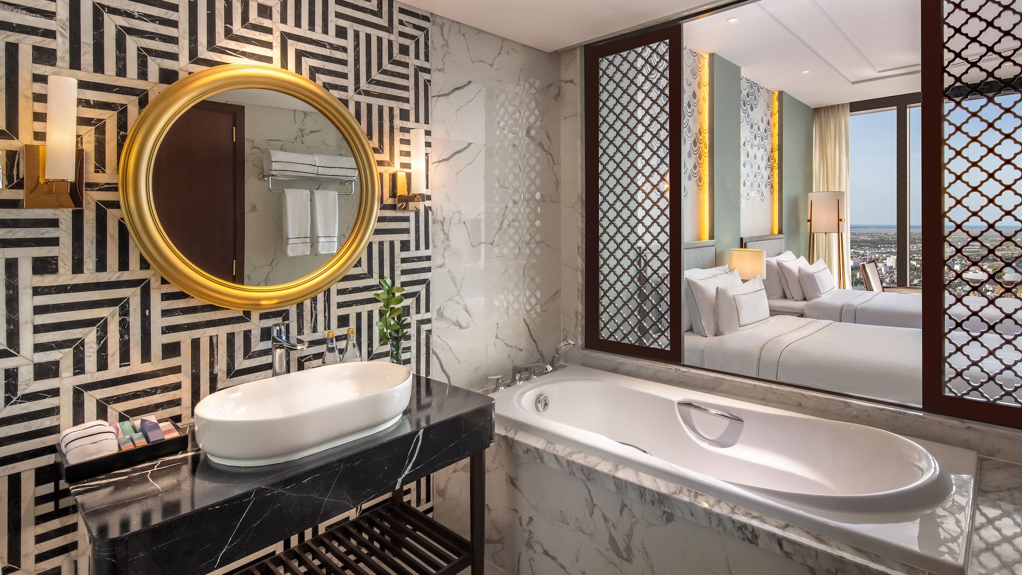 a bathroom with a mirror and a tub