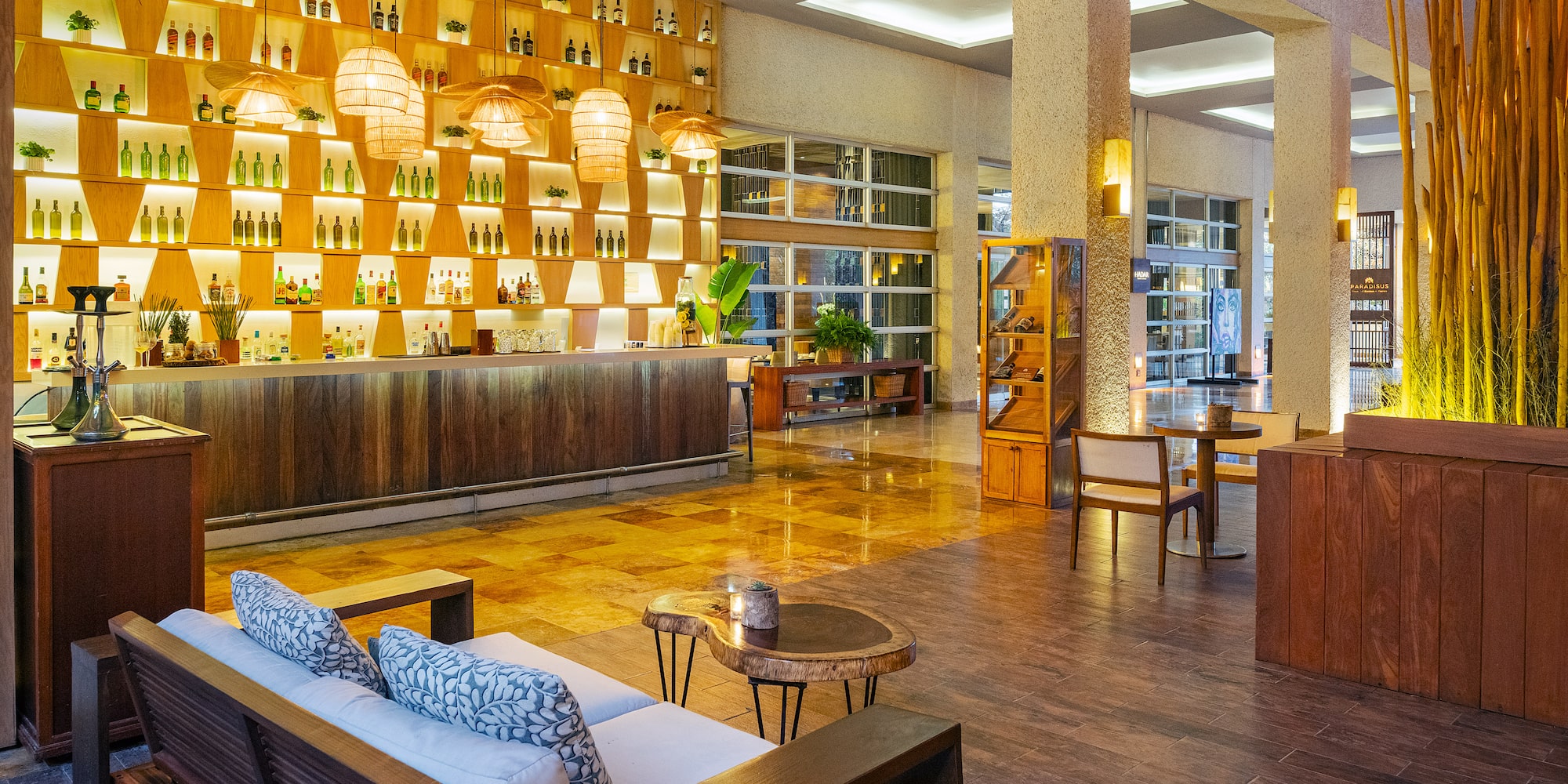 a room with a bar and a counter