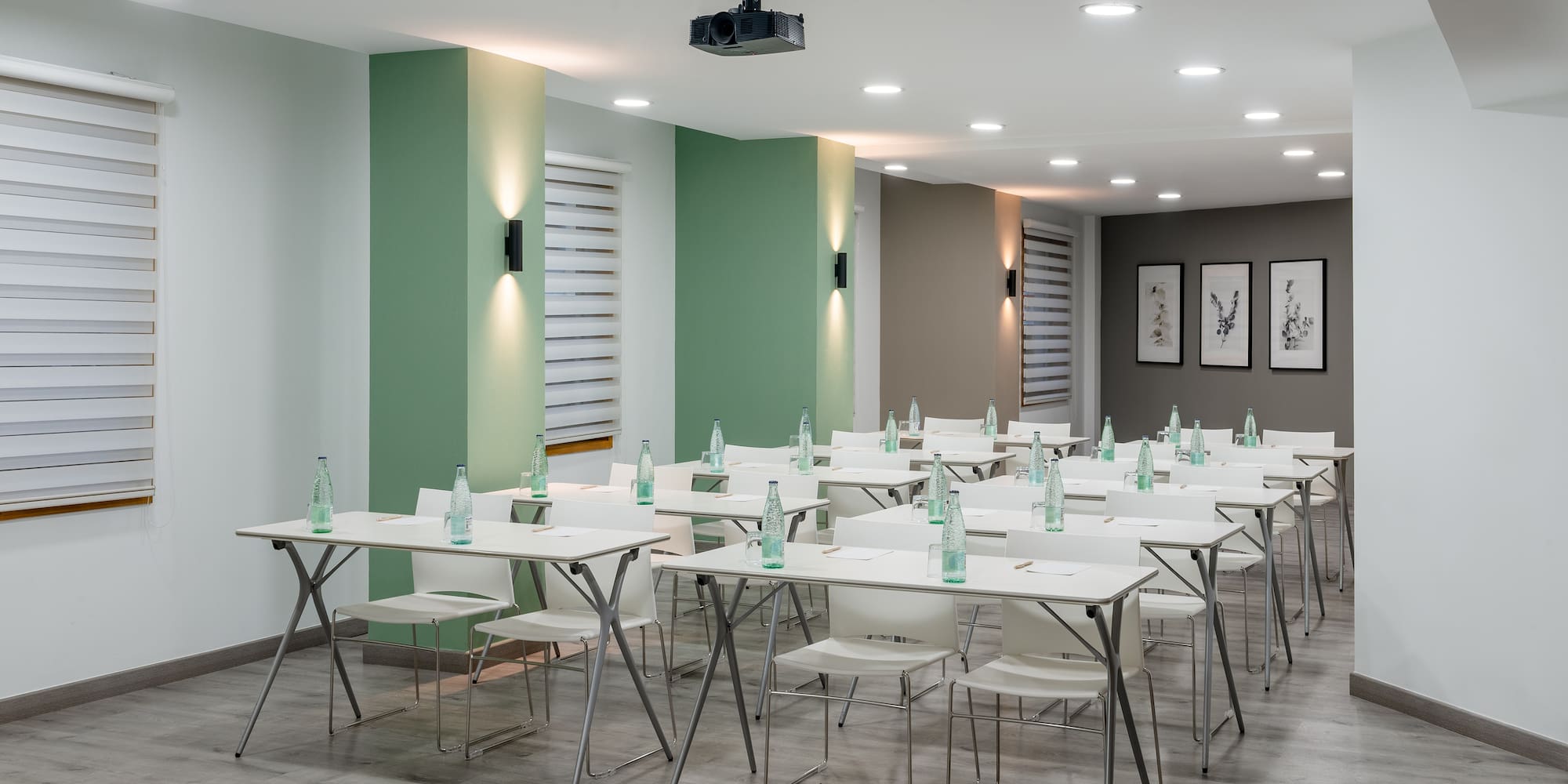 a room with tables and chairs