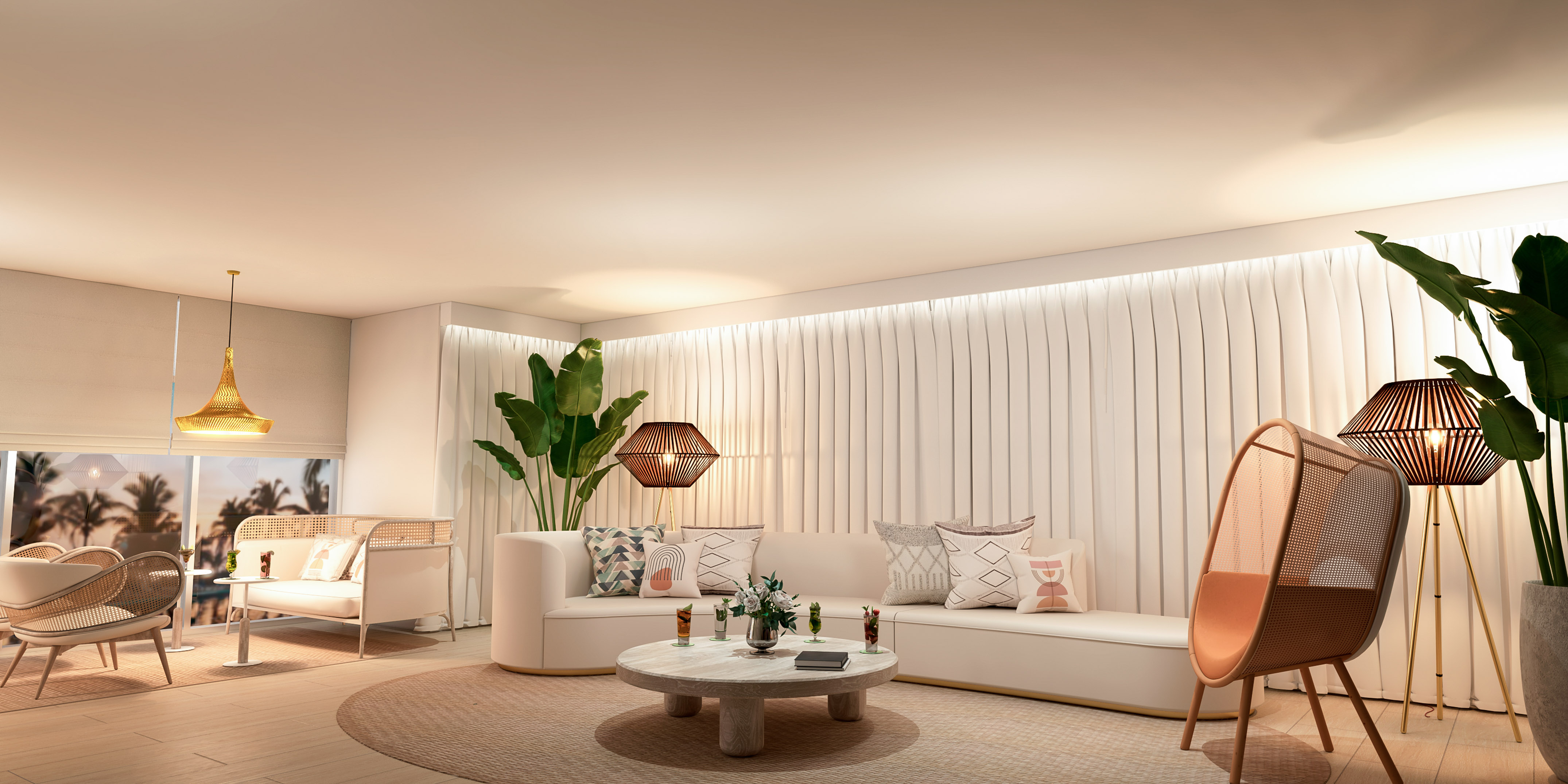 Modern coastal living room with white sofa, tropical plants, unique lighting.