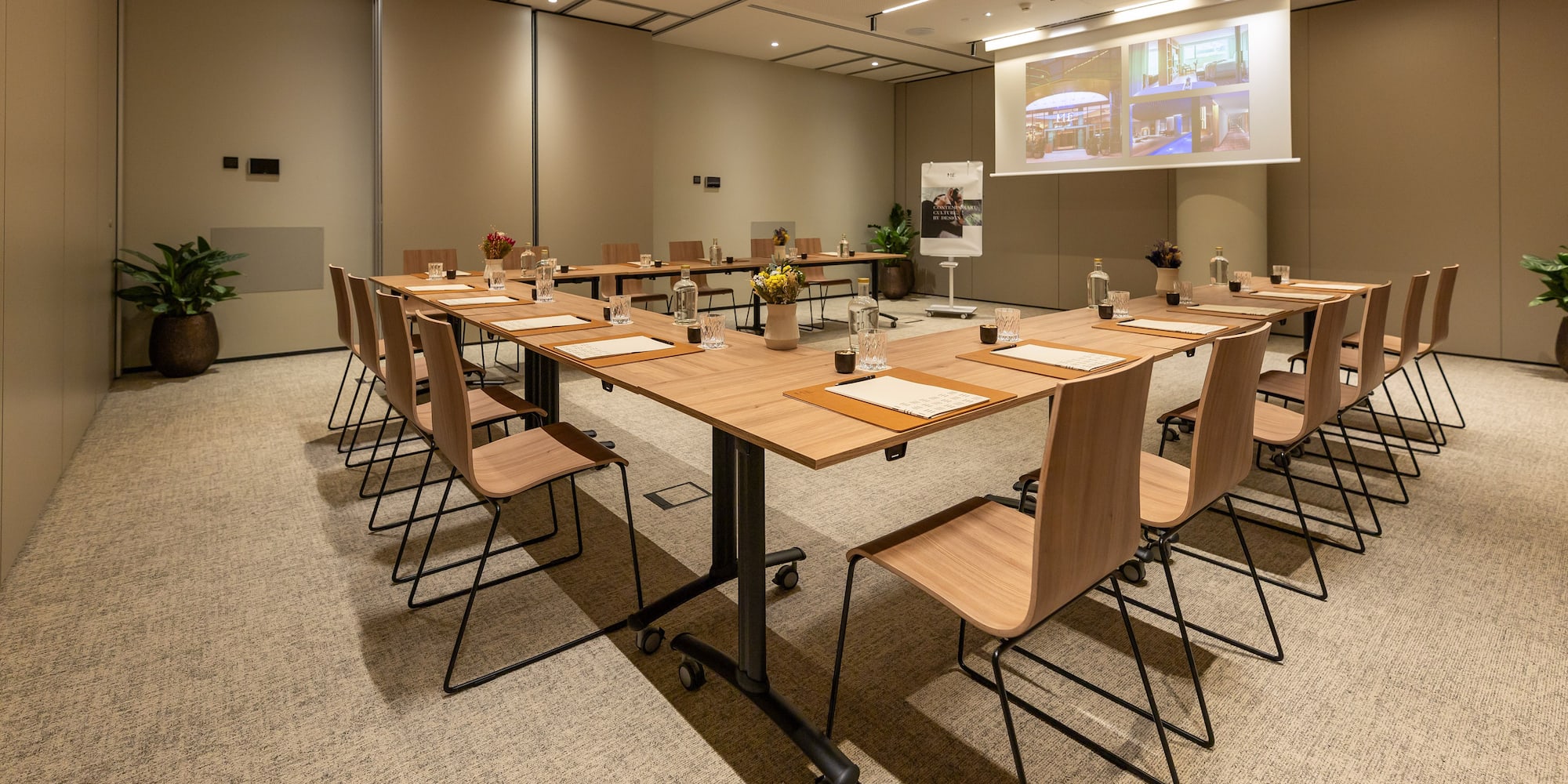 a room with a table and chairs