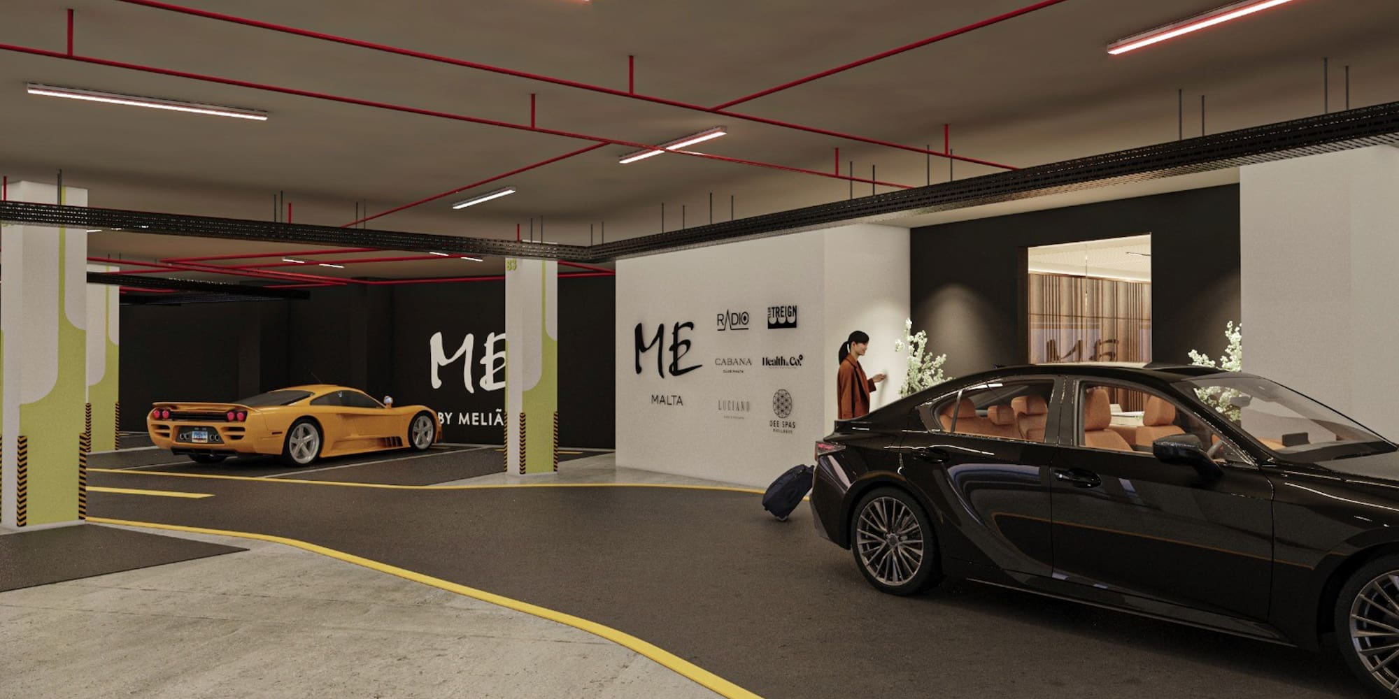 ME by Meliã hotel parking with yellow supercar and black sedan.