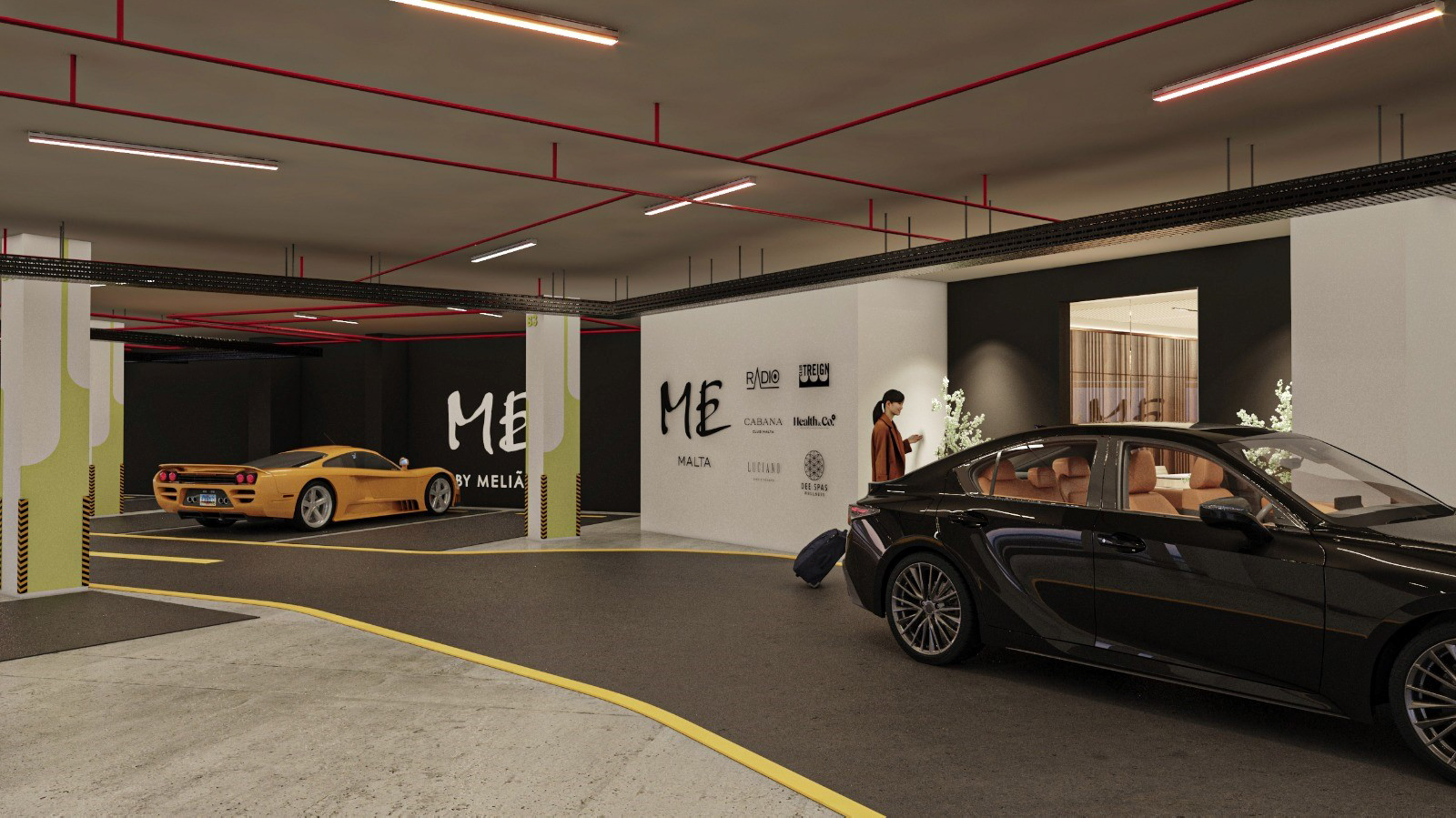 ME by Meliã hotel parking with yellow supercar and black sedan.