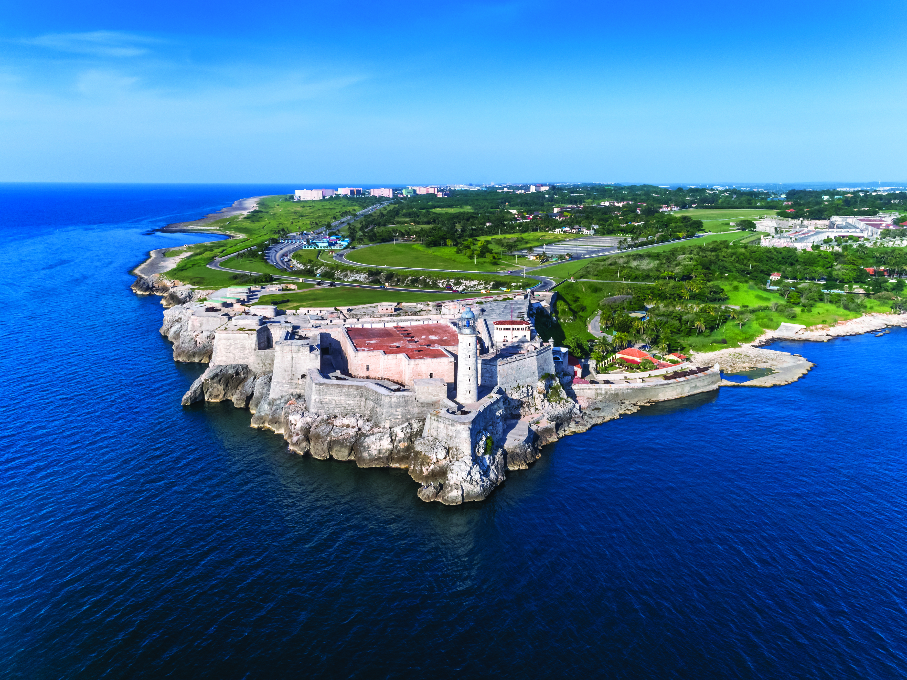 an island with a castle and a body of water