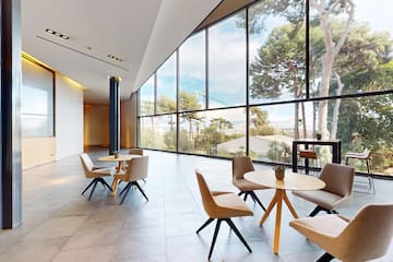 Modern lounge with floor-to-ceiling windows, contemporary seating, and tree view.