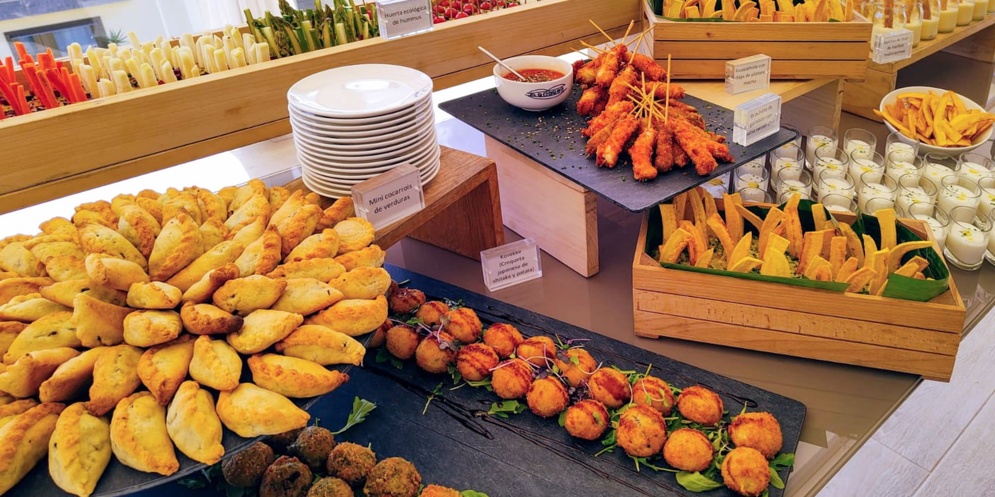 a buffet table full of food