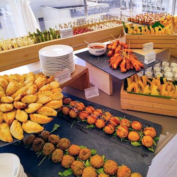 a buffet table full of food