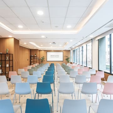 a room with many chairs